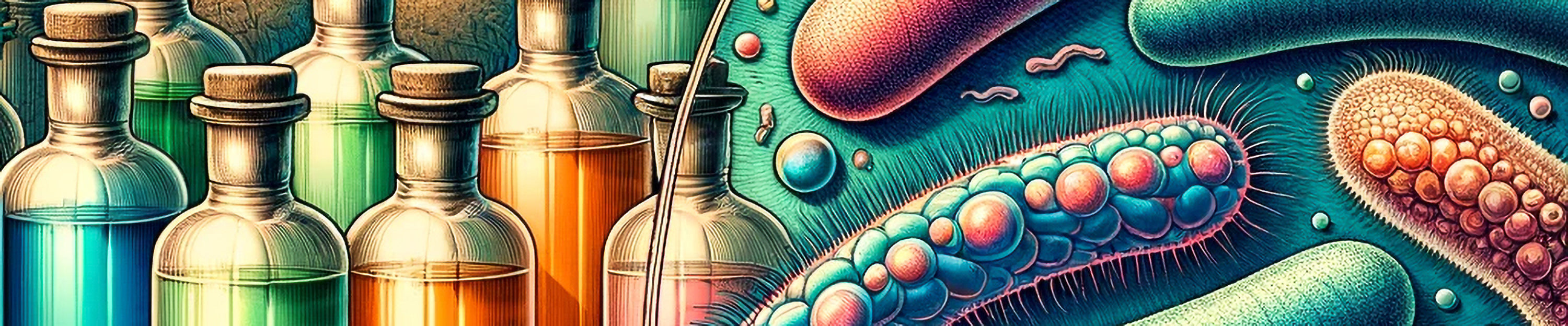 Colorful illustration of bacteria and cosmetic bottles generated by ChatGPT with DALL·E from OpenAI 