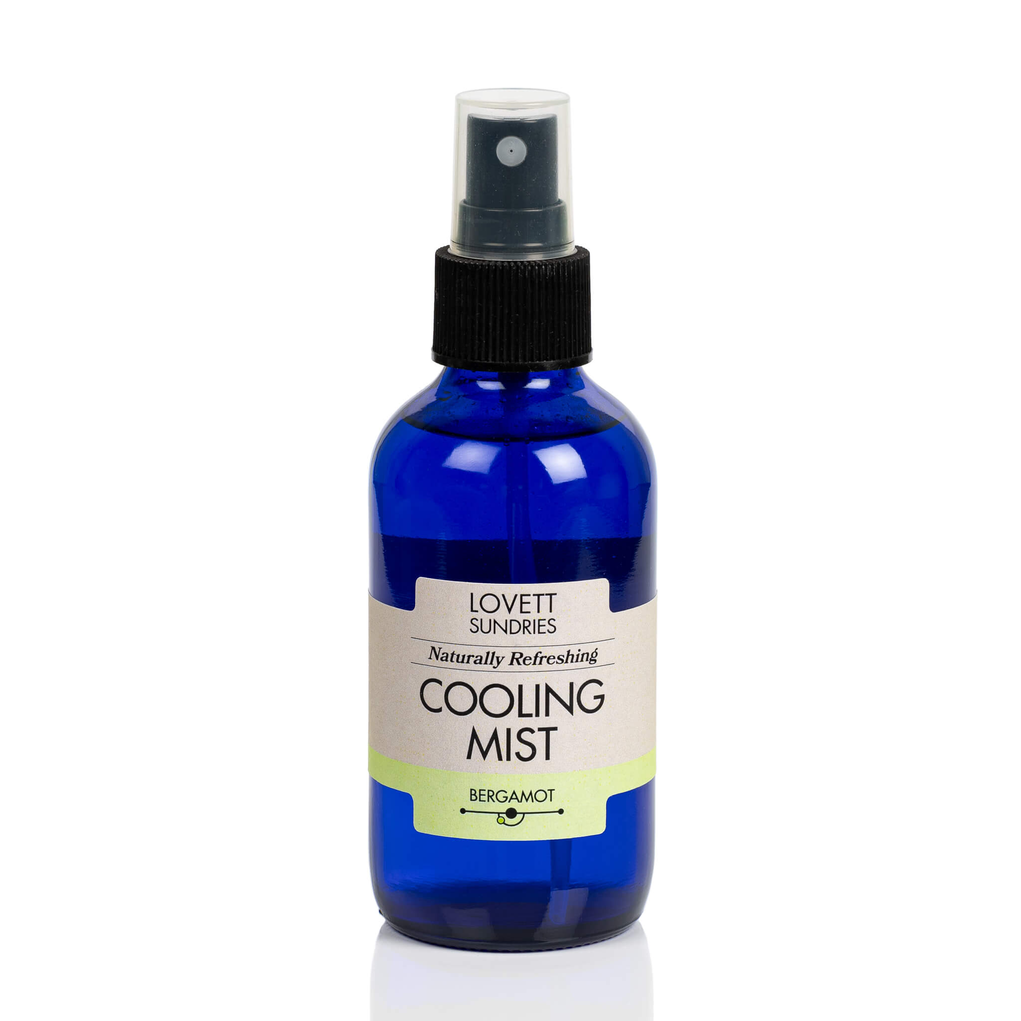 All natural refreshing bergamot scented cooling mist in a blue glass bottle with a sprayer.