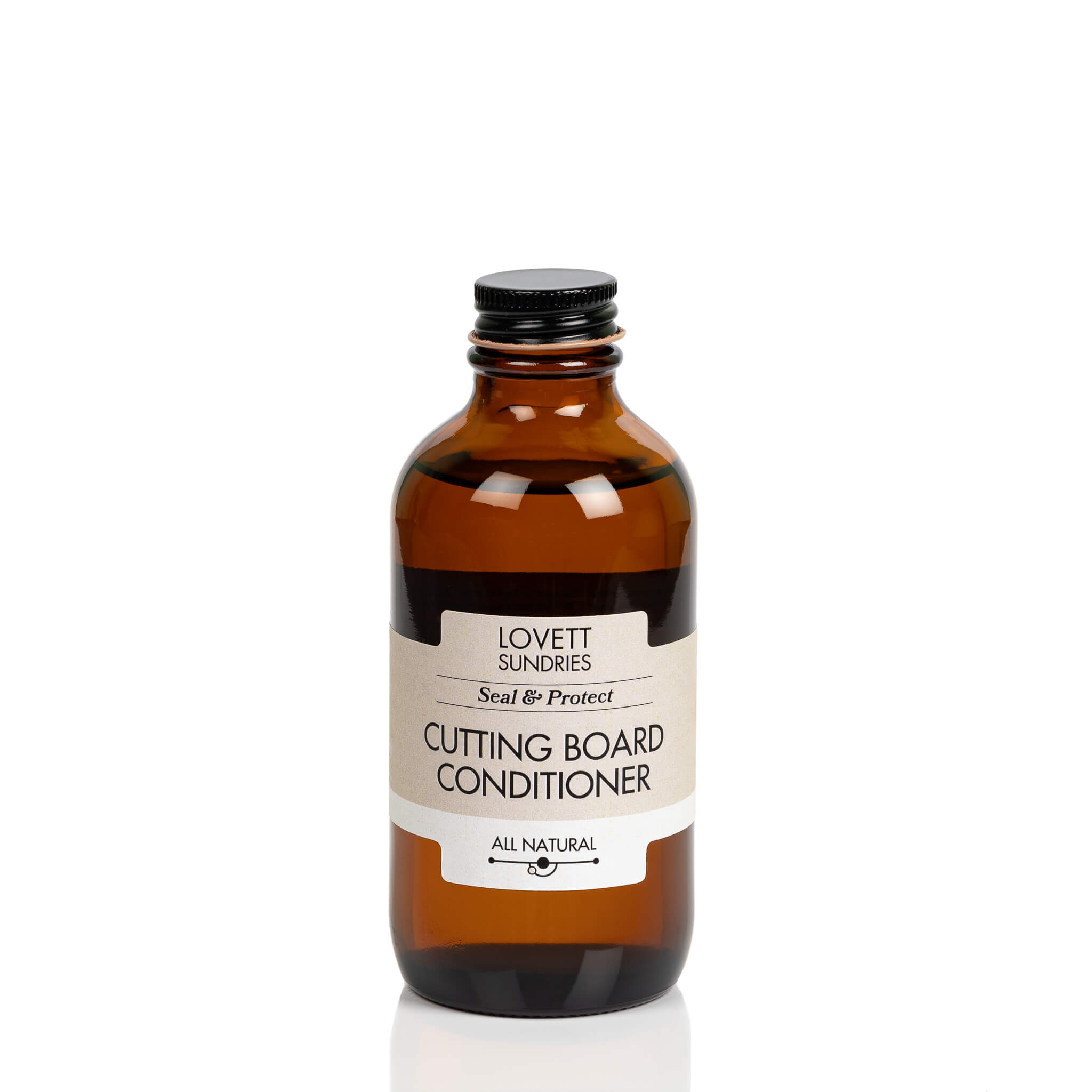 All natural cutting board conditioning oils in a recyclable amber glass jar with metal lid.