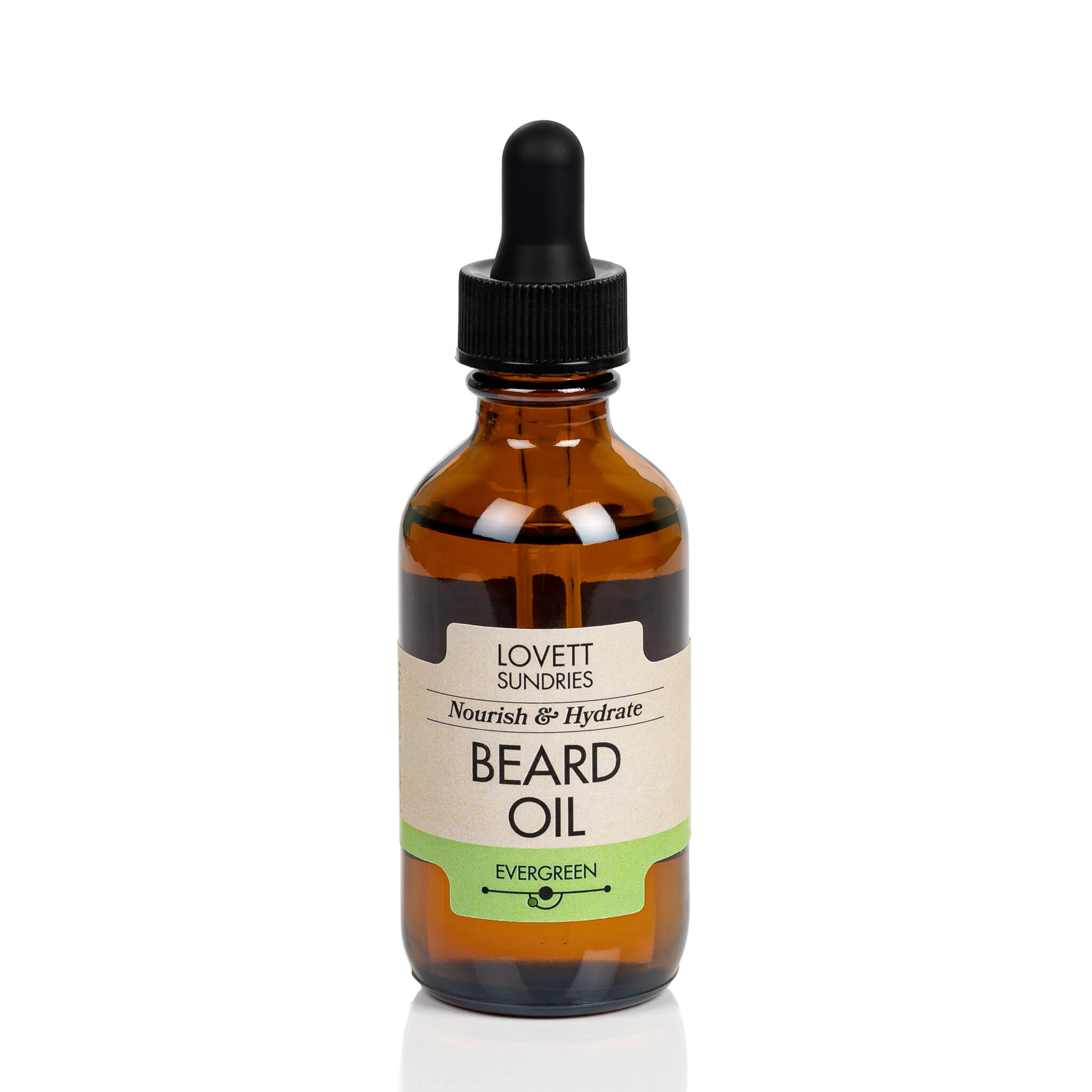 All natural hydrating evergreen scented beard oil in a brown glass bottle with a dropper.