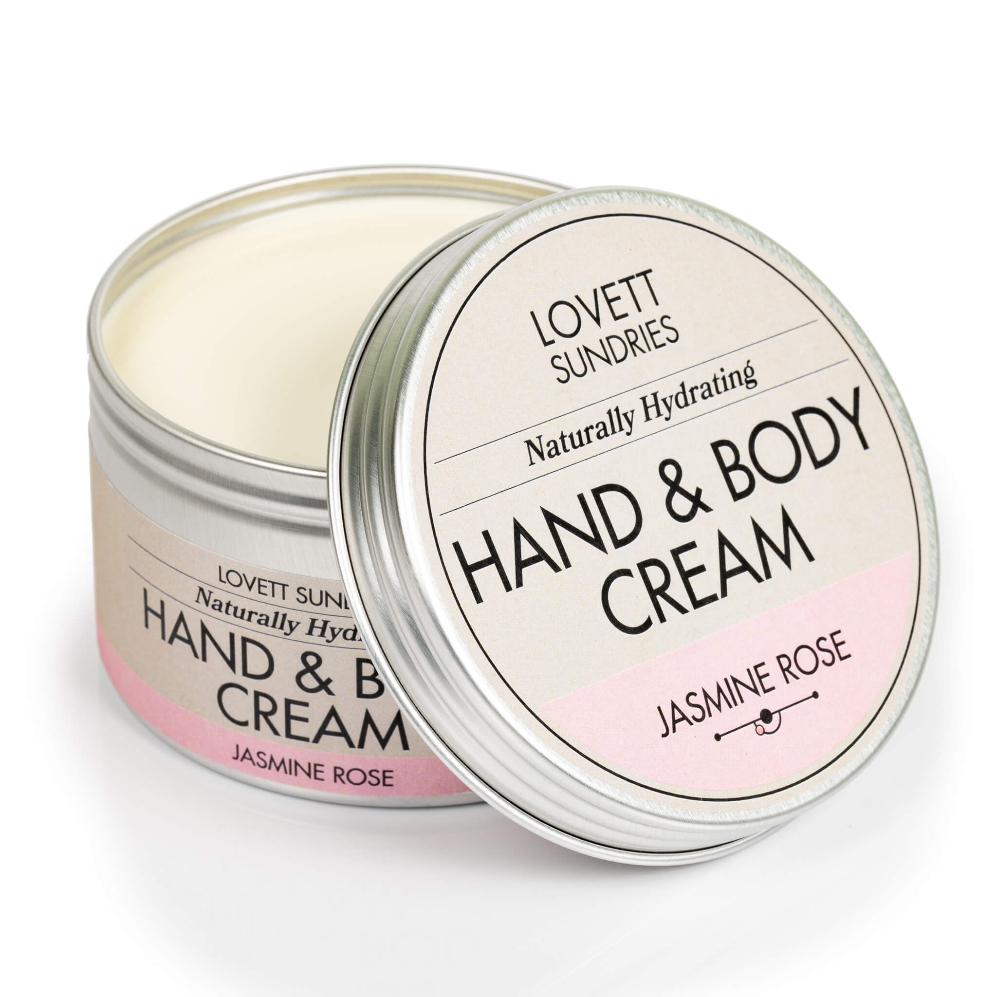 Open tin of creamy all natural hydrating jasmine rose scented hand and body cream.