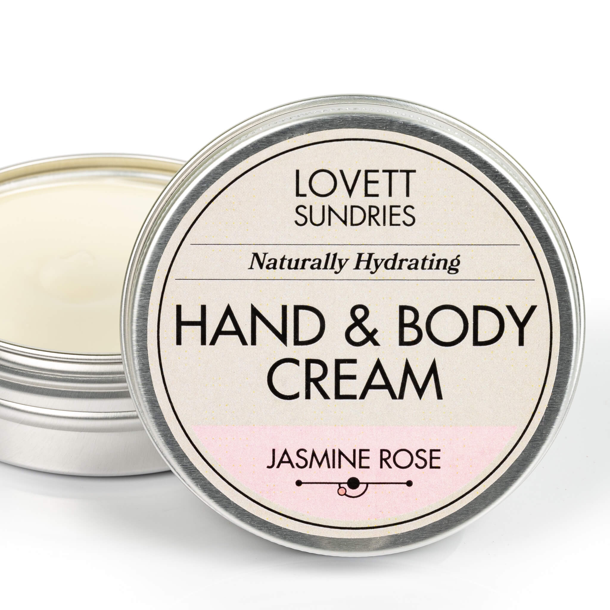 Open tin of creamy all natural hydrating jasmine rose scented travel size hand and body cream.