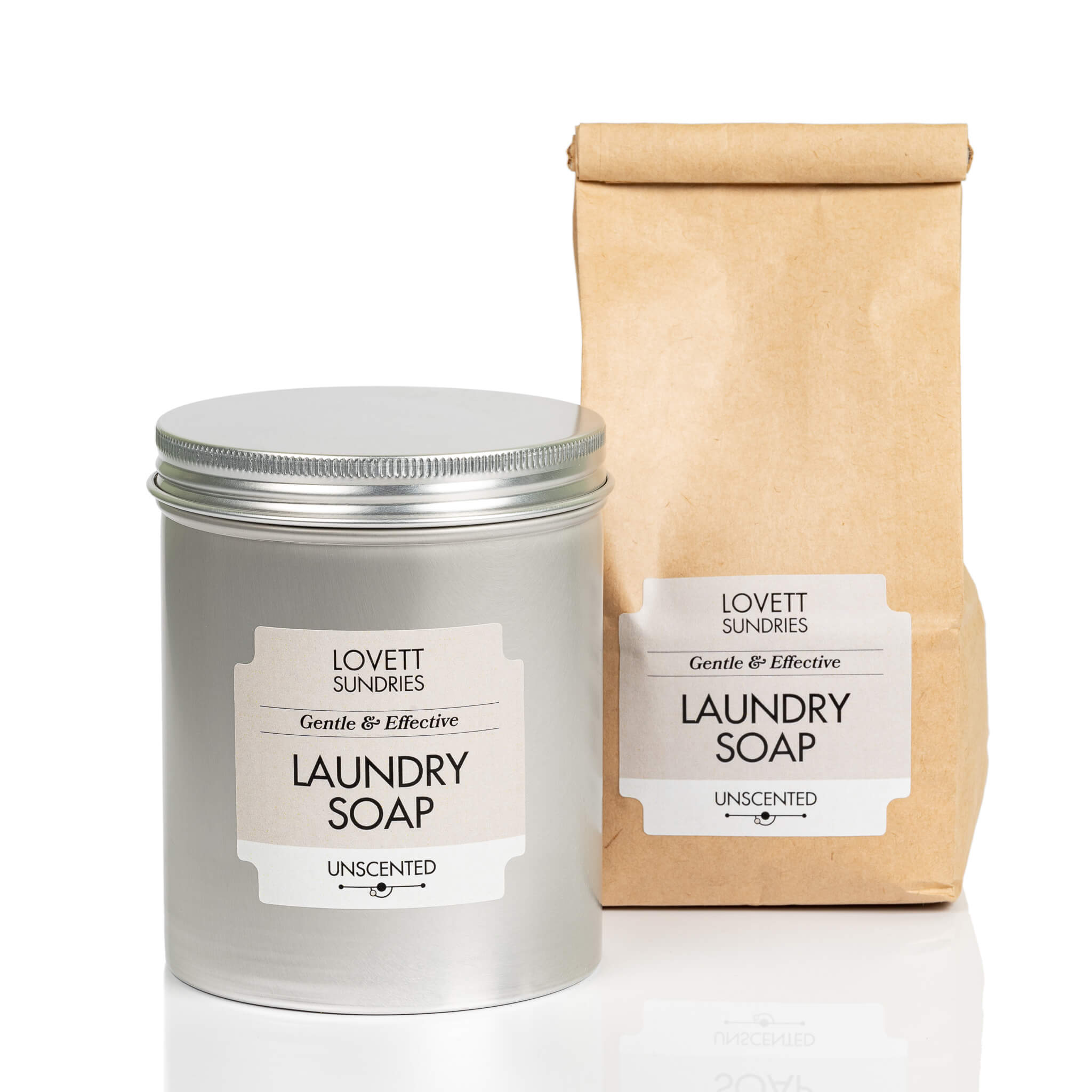 All natural phosphate free laundry soap in a recyclable aluminum tin and kraft paper bag.