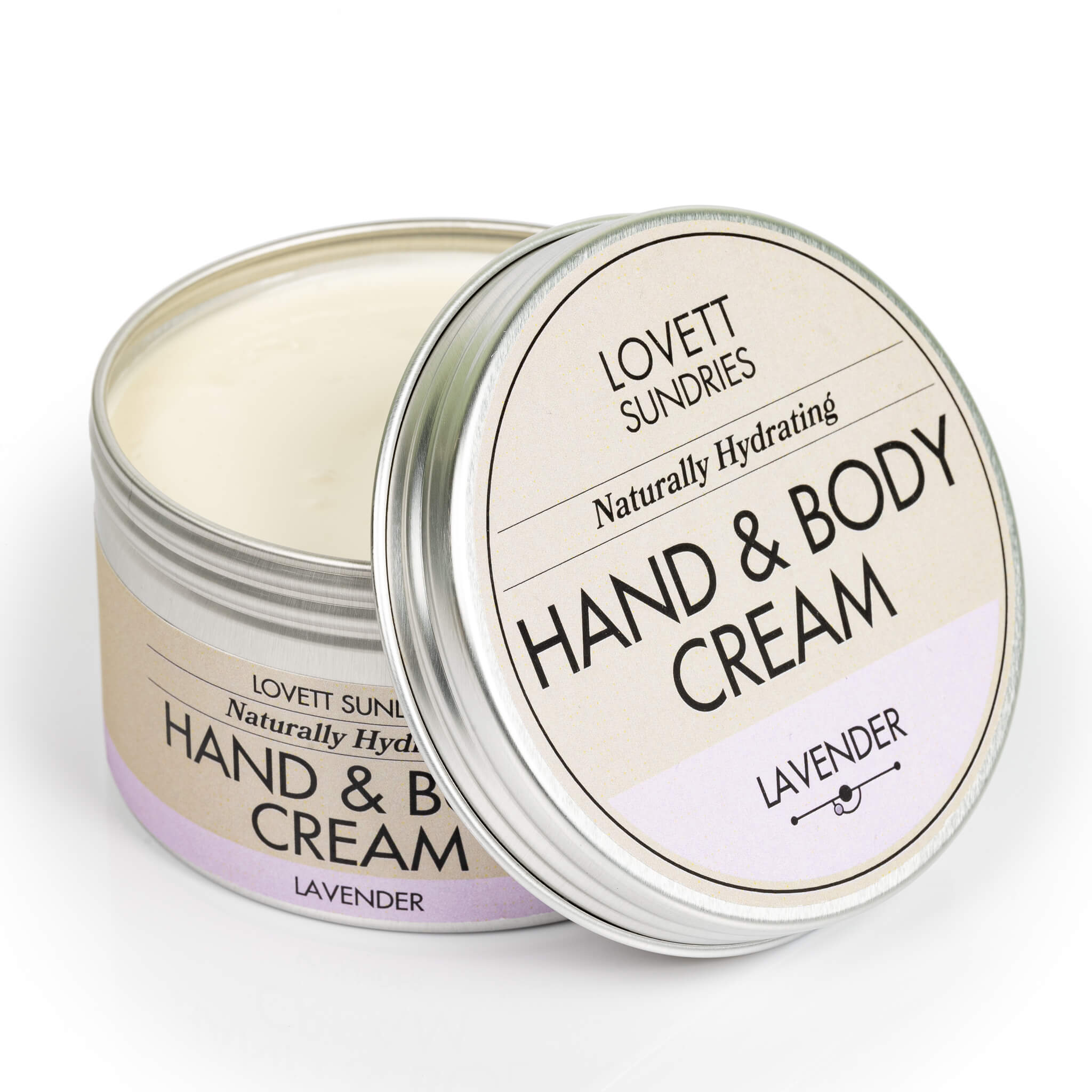Open tin of creamy all natural hydrating lavender scented hand and body cream.