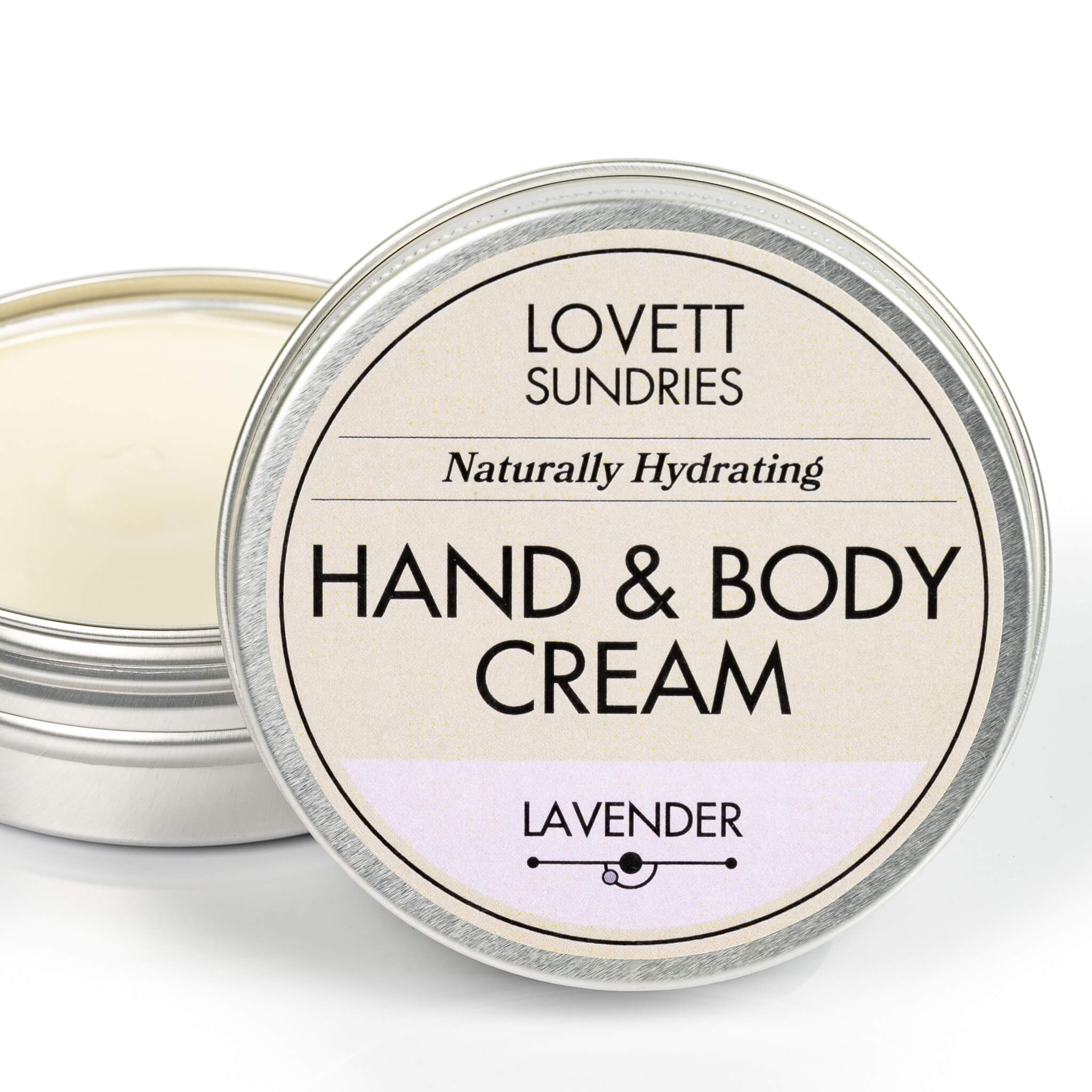 Open tin of creamy all natural hydrating lavender scented travel size hand and body cream.