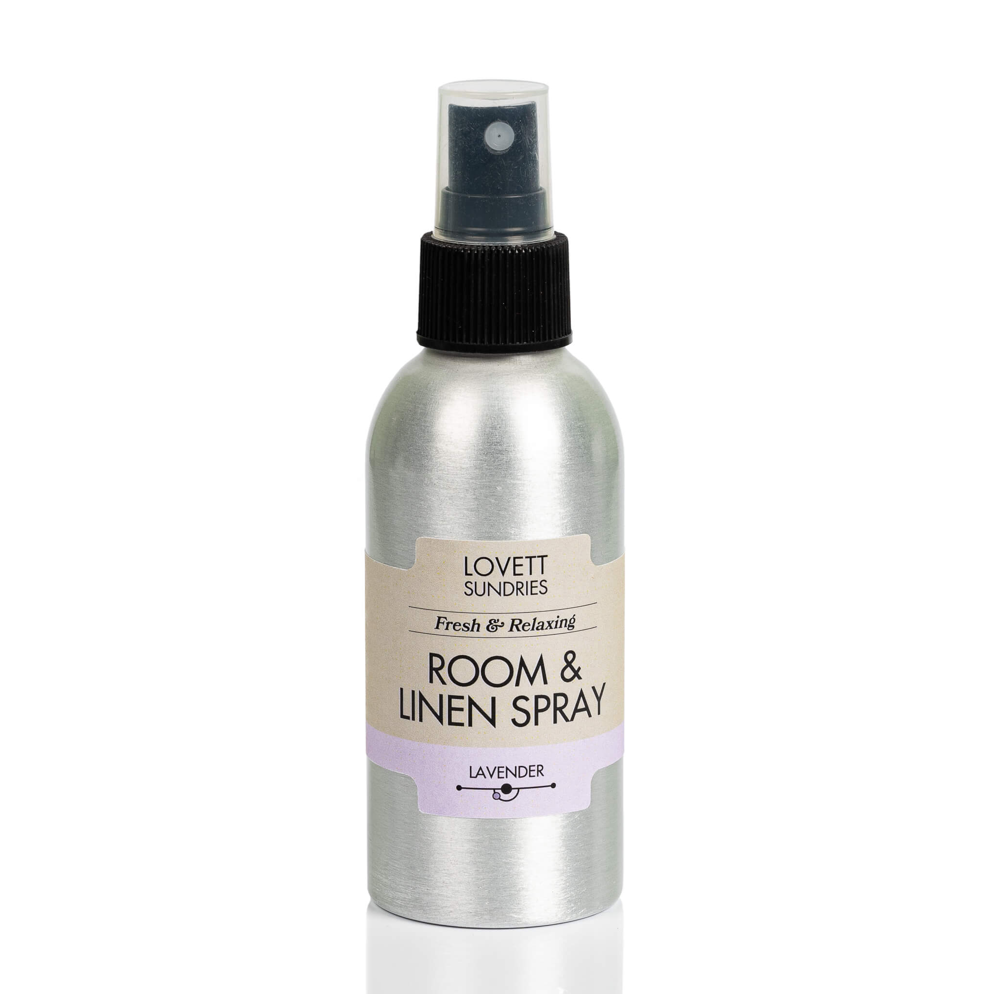 All natrual essential oil based lavender scented room & linen spray in a recyclable aluminum bottle with a spray top.