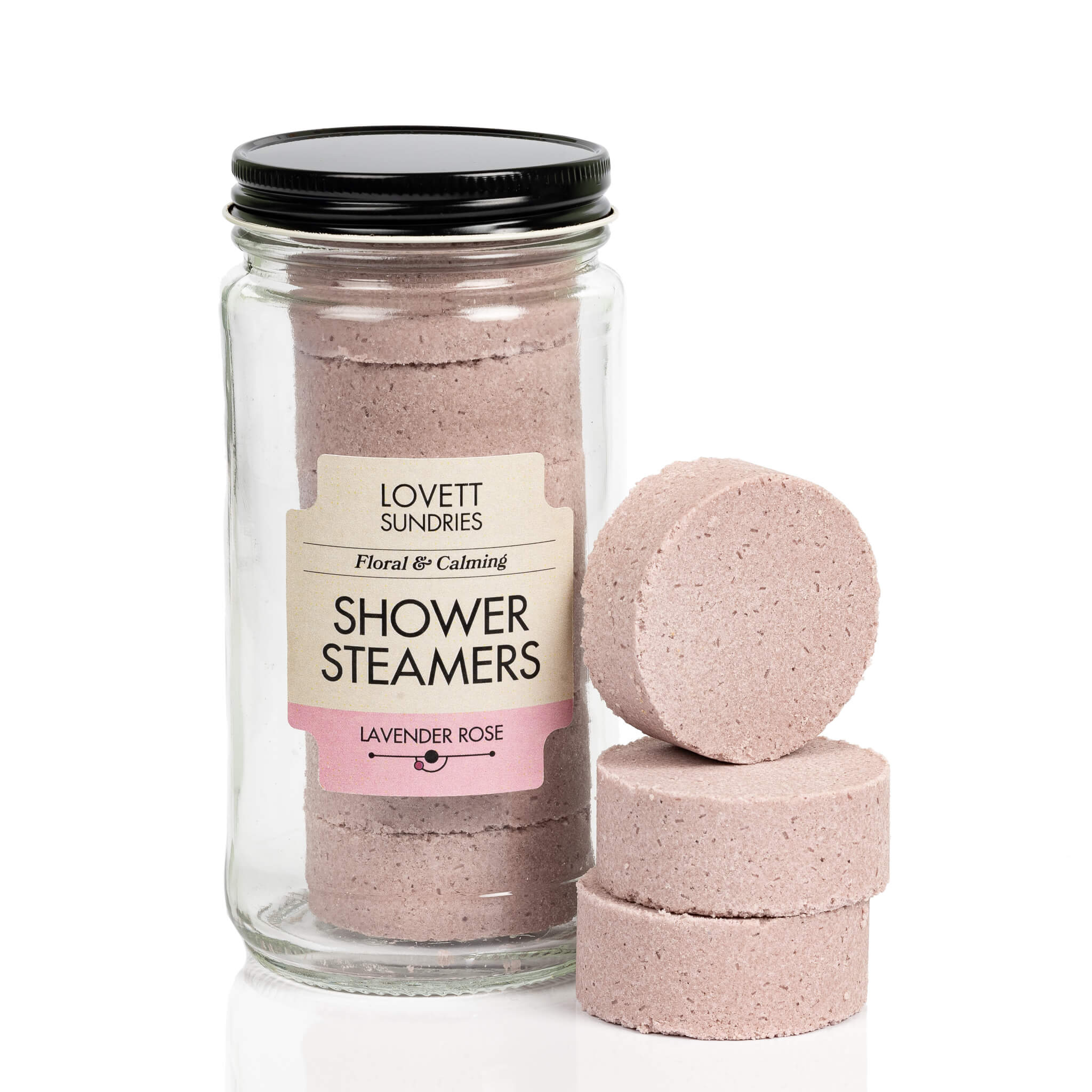 Recyclable glass jar filled with 6 lavender rose scented all natural shower steamers.