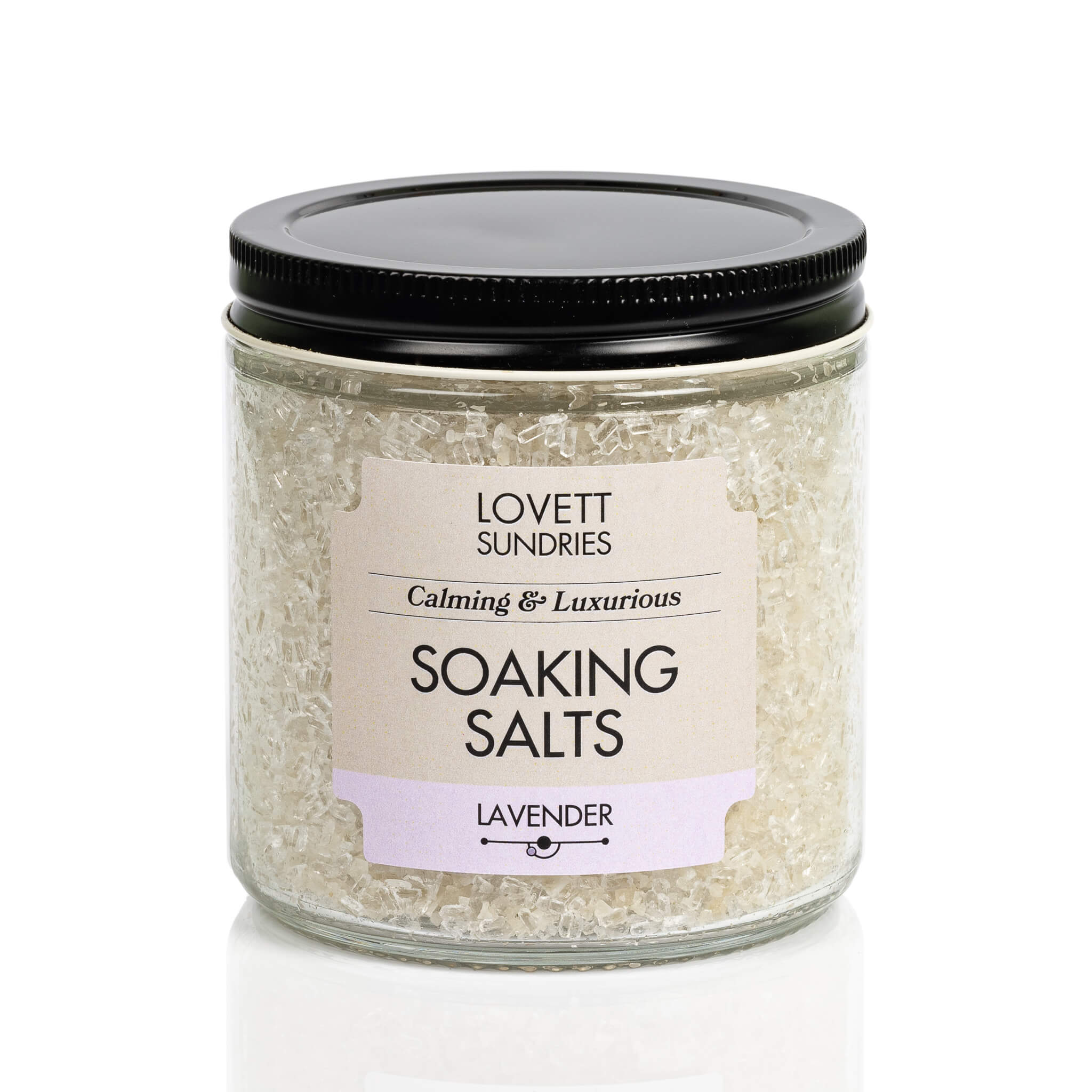 Lavender scented all natural calming and luxurious bath soaking salts in a recyclable glass jar.