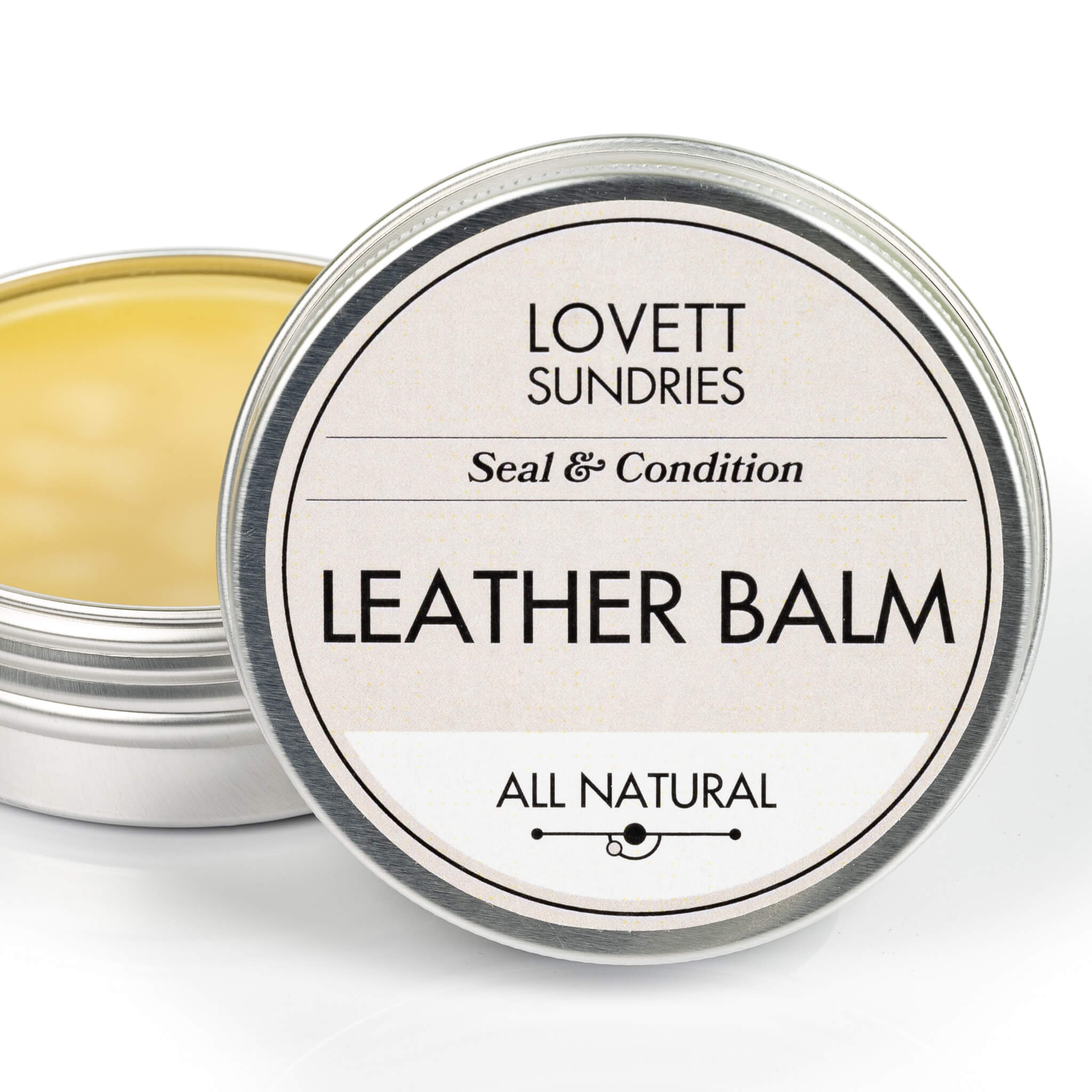 All natural leather balm that protects and conditions leather in a recyclable aluminum tin.