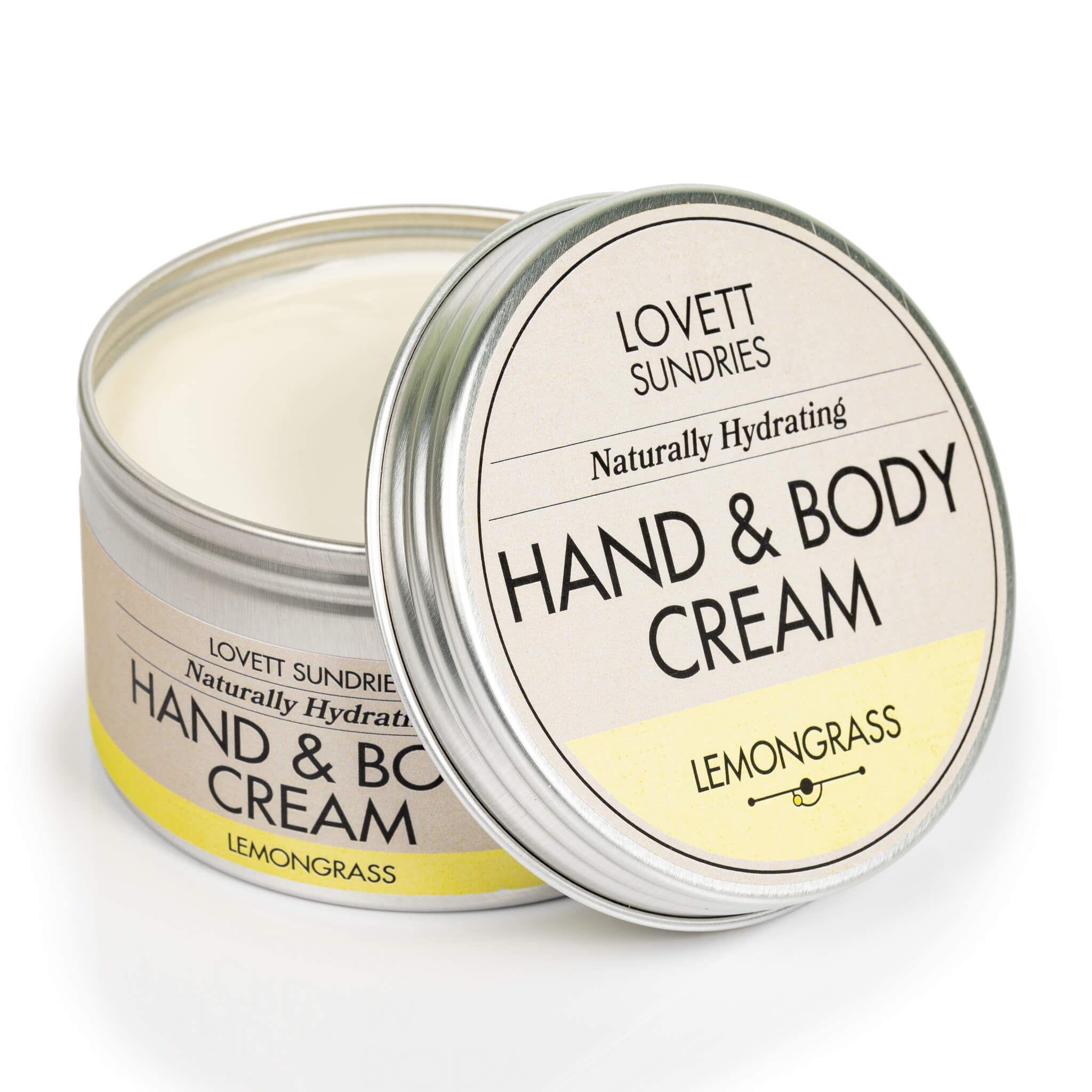 Open tin of creamy all natural hydrating lemongrass scented hand and body cream.