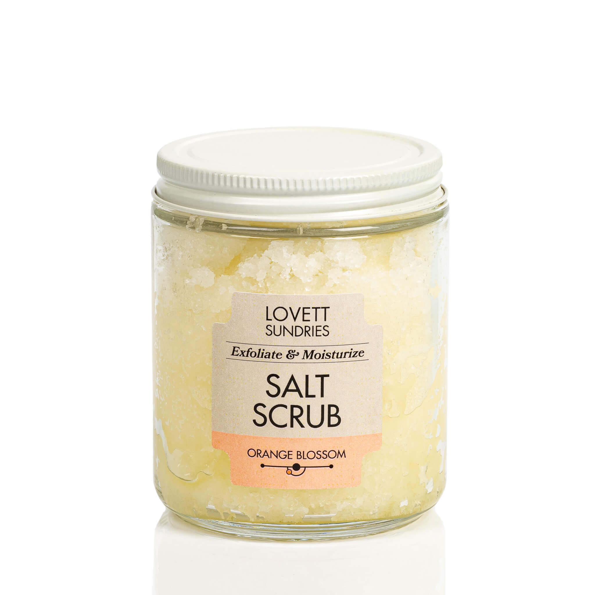 Exfoliating and moisturizing orange blossom scented all natural salt scrub.