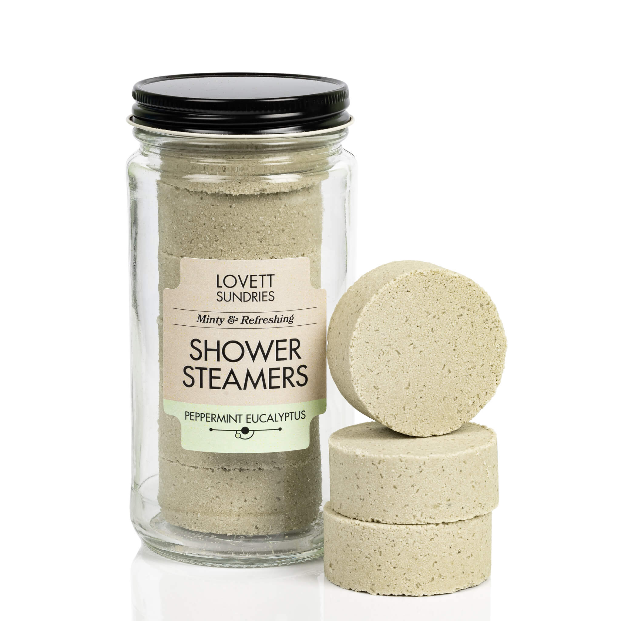 Recyclable glass jar filled with 6 peppermint eucalyptus scented all natural shower steamers.