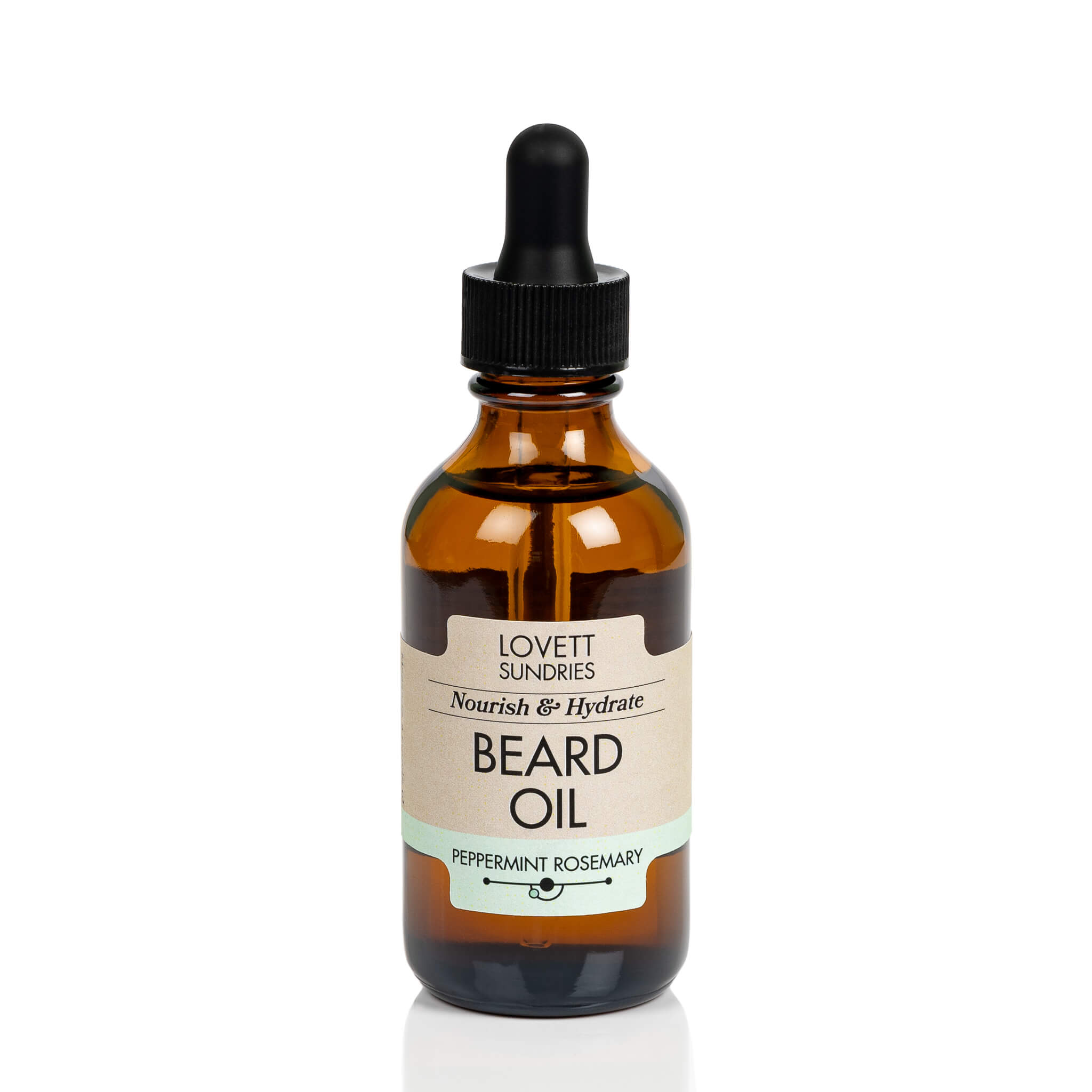 All natural hydrating peppermint rosemary scented beard oil in a brown glass bottle with a dropper.