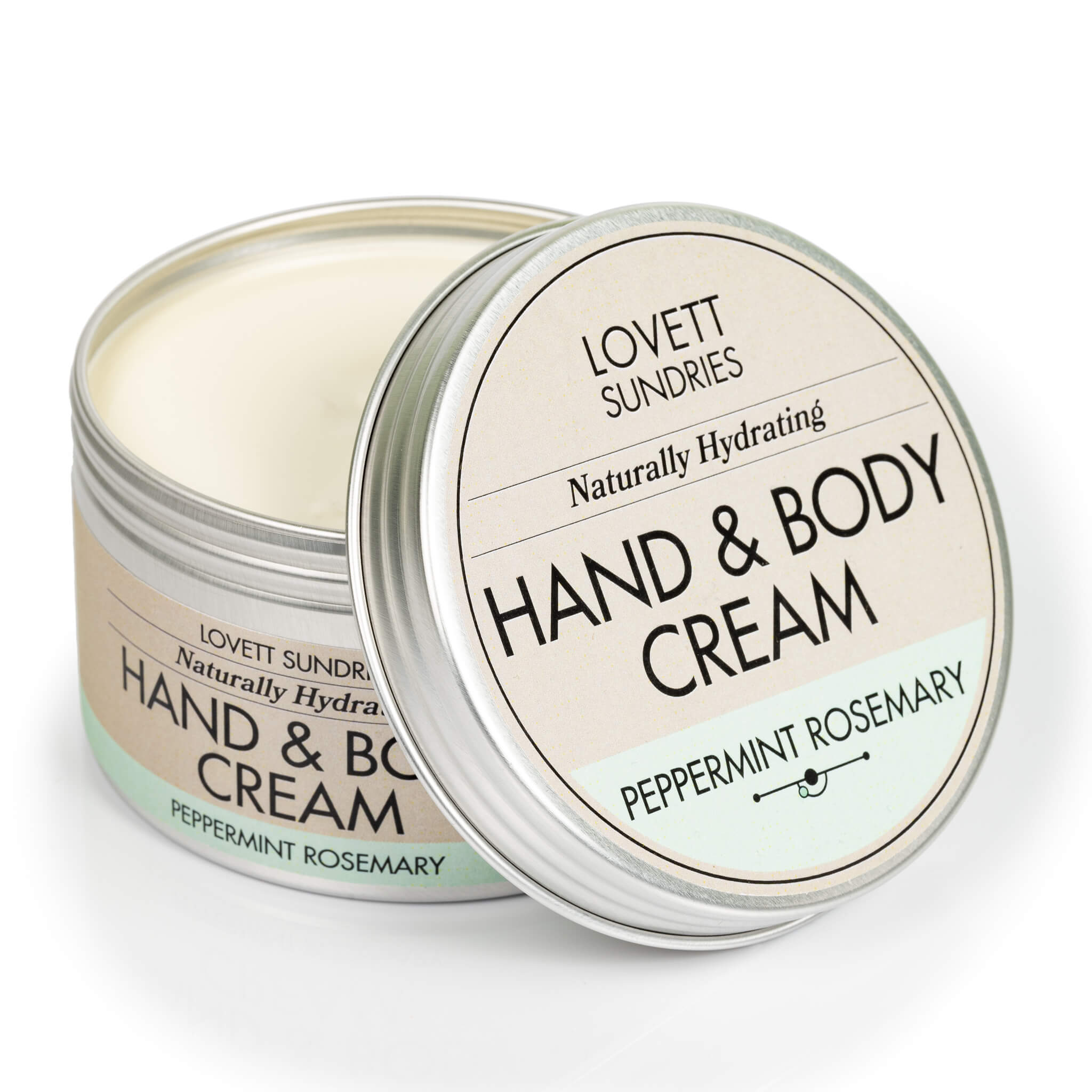 Open tin of creamy all natural hydrating peppermint rosemary scented hand and body cream.