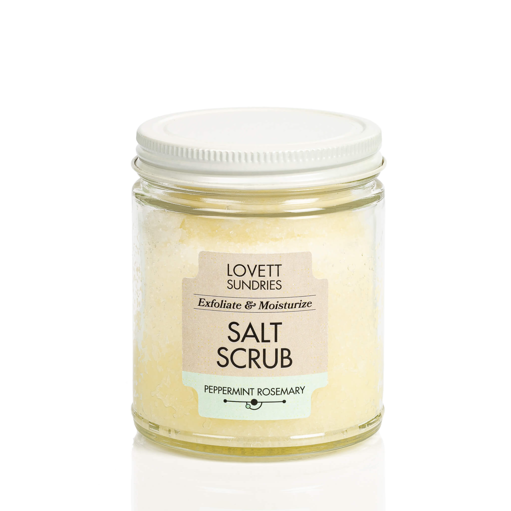 Exfoliating and moisturizing peppermint rosemary scented all natural salt scrub.