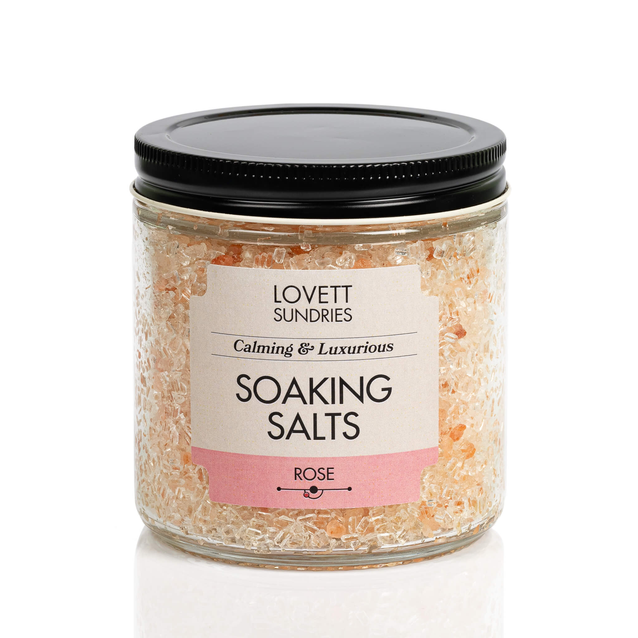 Rose scented all natural calming and luxurious bath soaking salts in a recyclable glass jar.