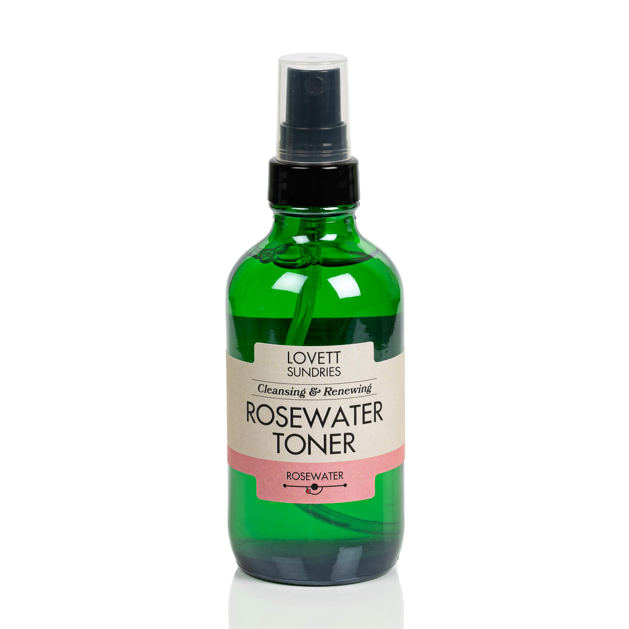 All natural cleansing and renewing rose water toner in a green glass bottle with a spray top.