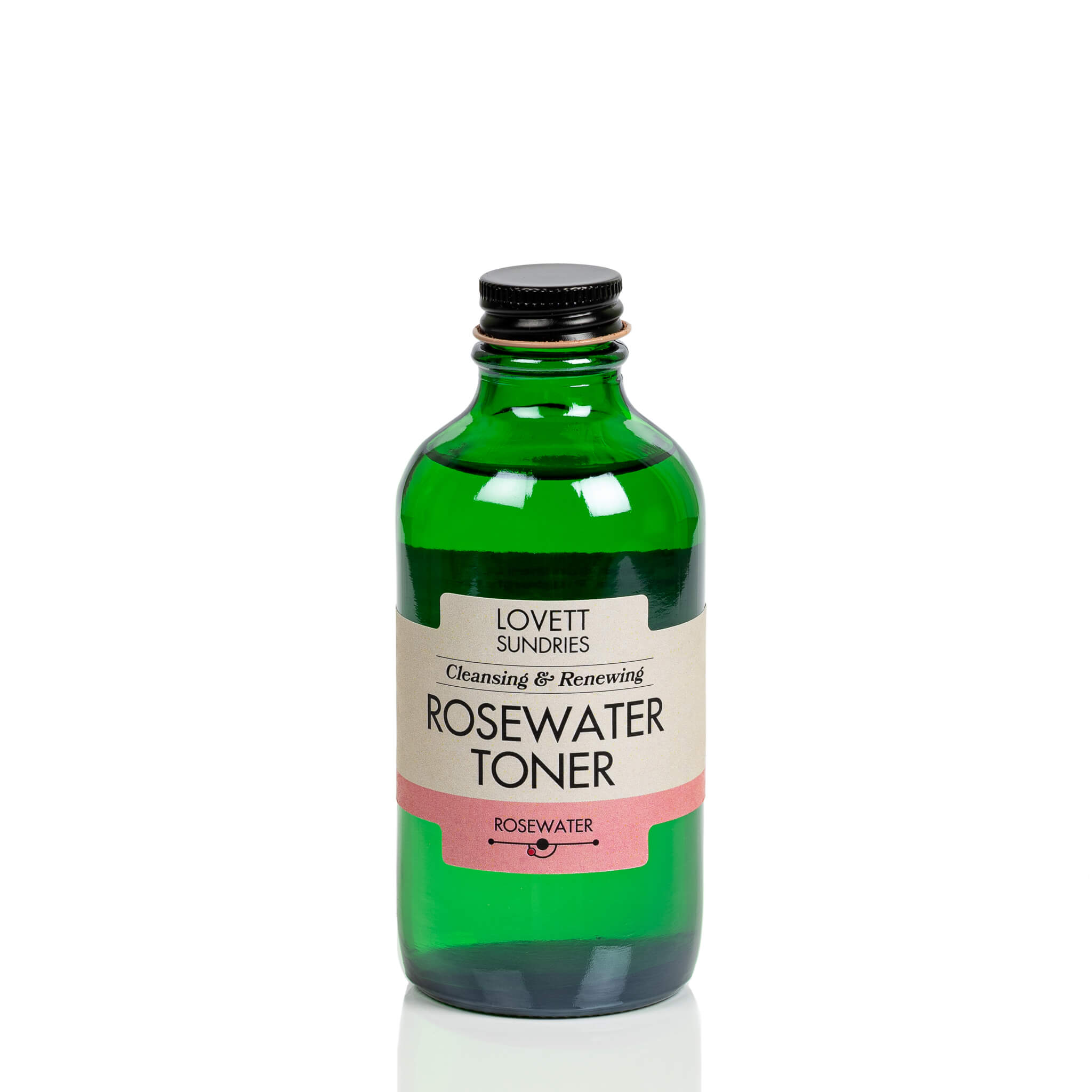 All natural cleansing and renewing rose water toner in a green glass bottle with a screw top lid.
