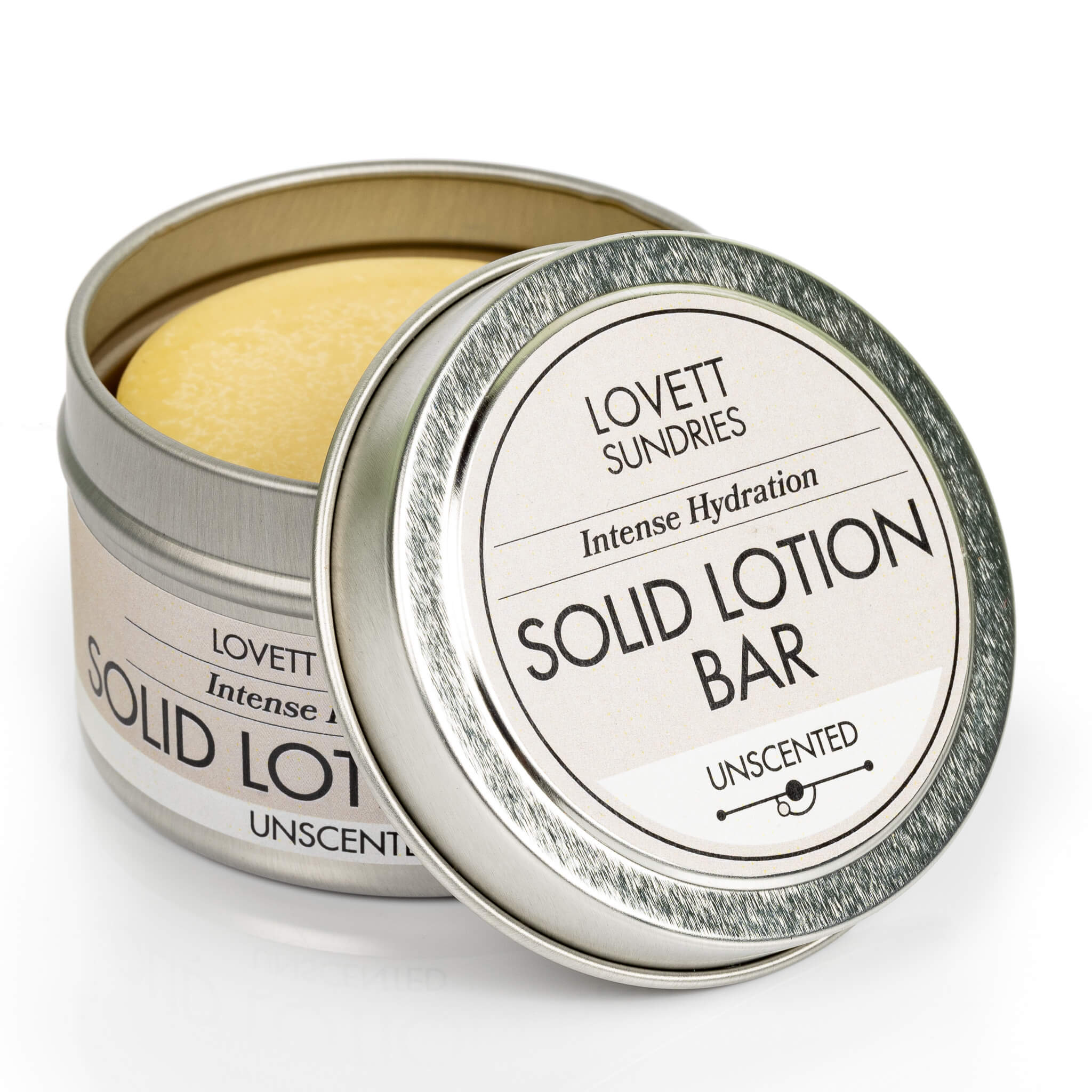 All natural intensly hydrating solid lotion bar in a recyclable metal tin.