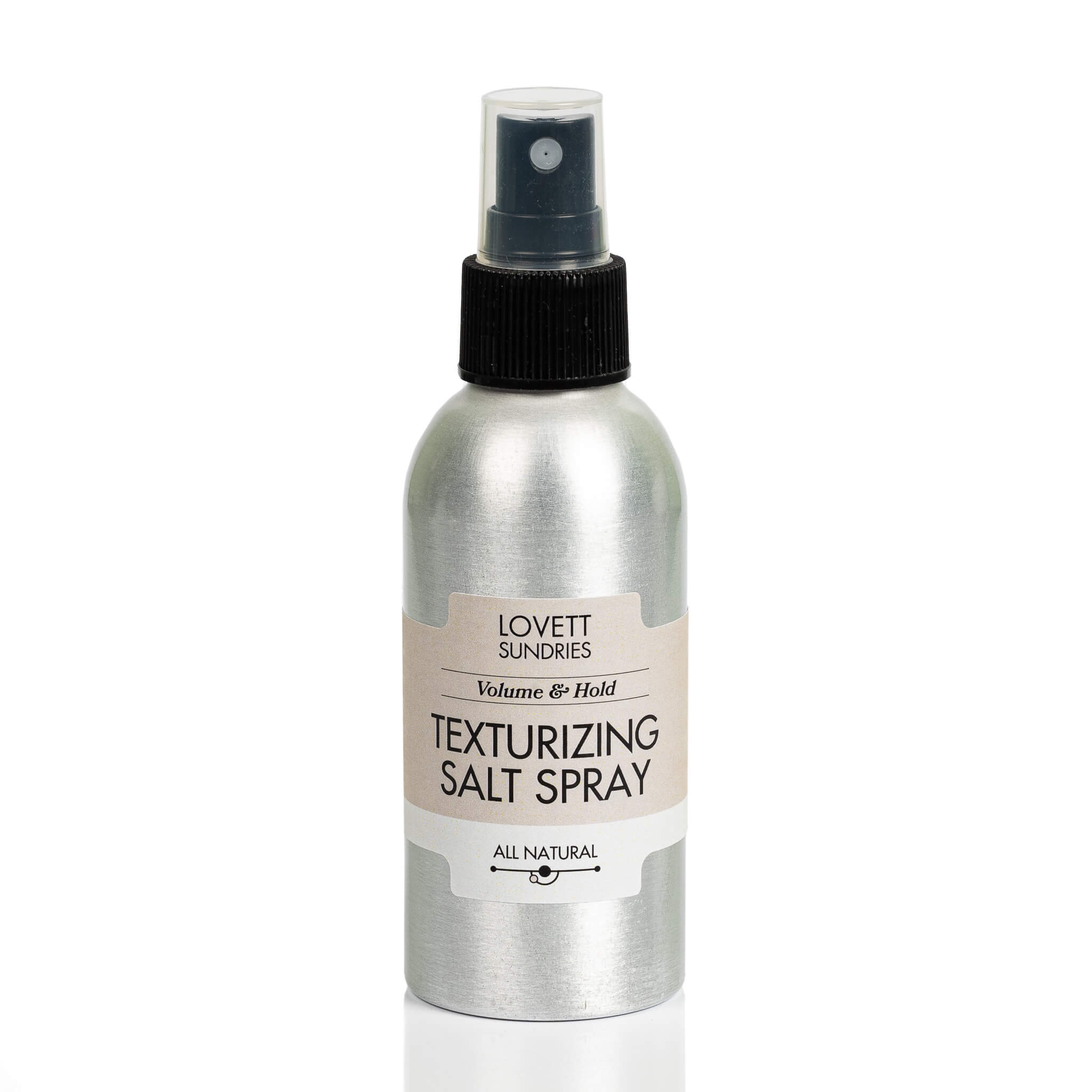 All natural unscented texturizing salt hair spray for voume and hold in a recyclable aluminum bottle with a spray top.