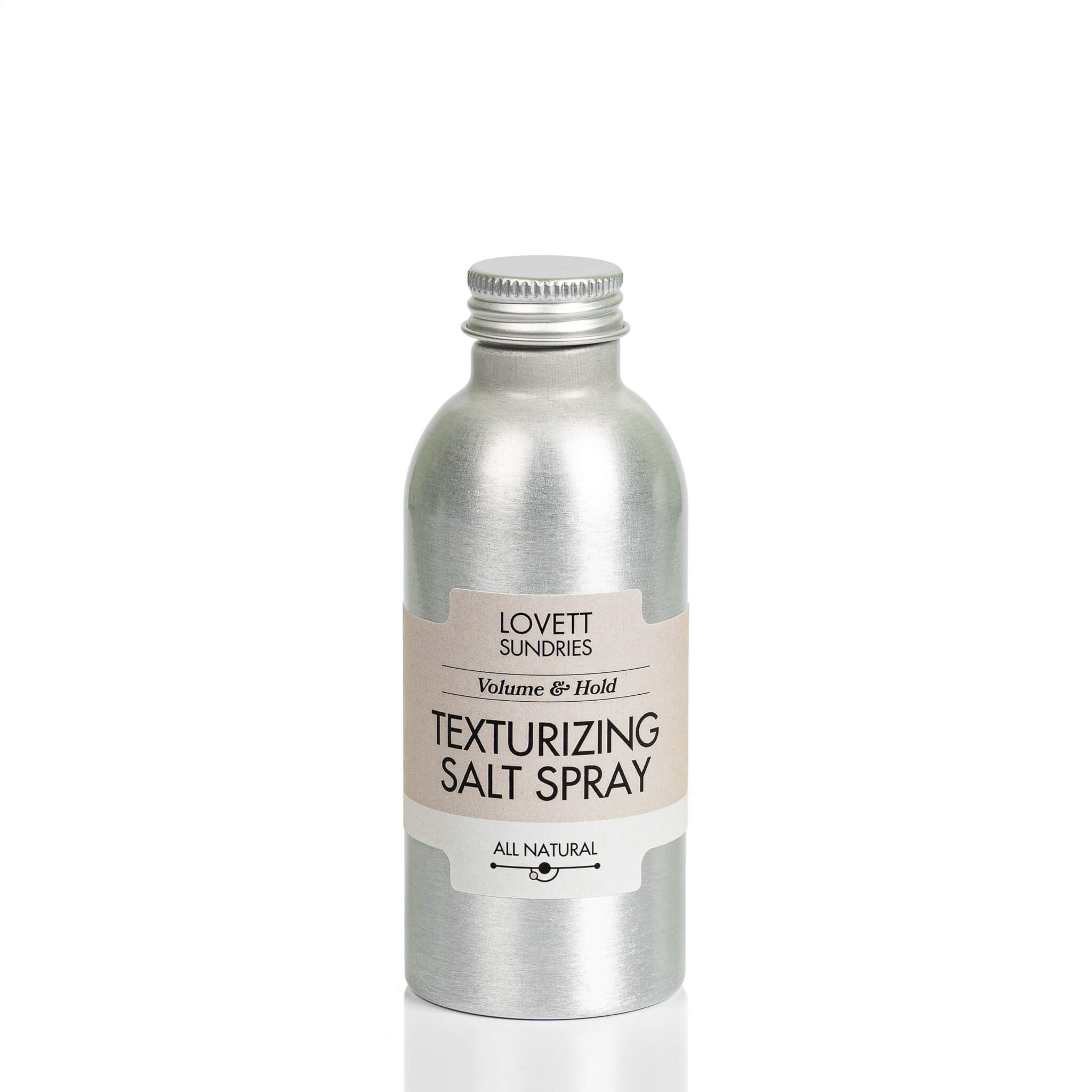 All natural unscented texturizing salt hair spray for voume and hold in a recyclable aluminum bottle with a screw refill top..