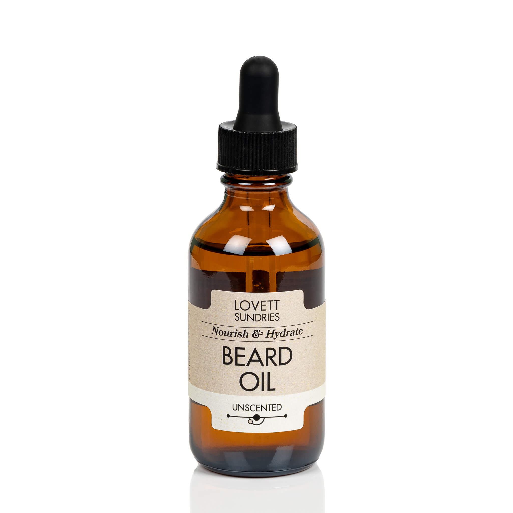 All natural hydrating unscented beard oil in a brown glass bottle with a dropper.