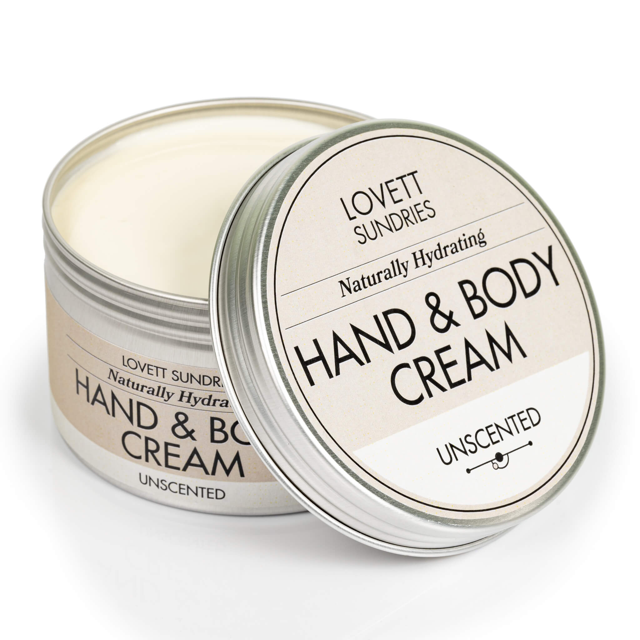 Open tin of creamy all natural hydrating unscented hand and body cream.