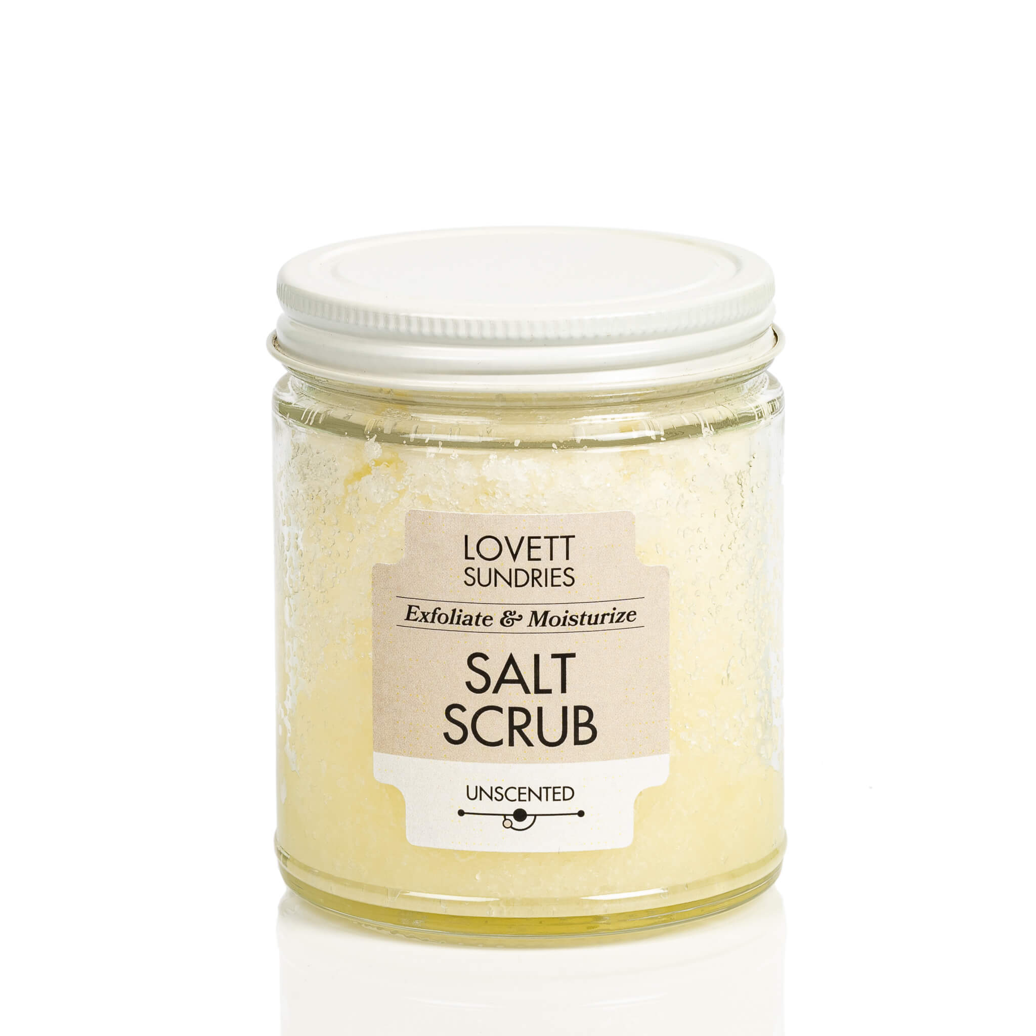 Exfoliating and moisturizing unscented all natural salt scrub.