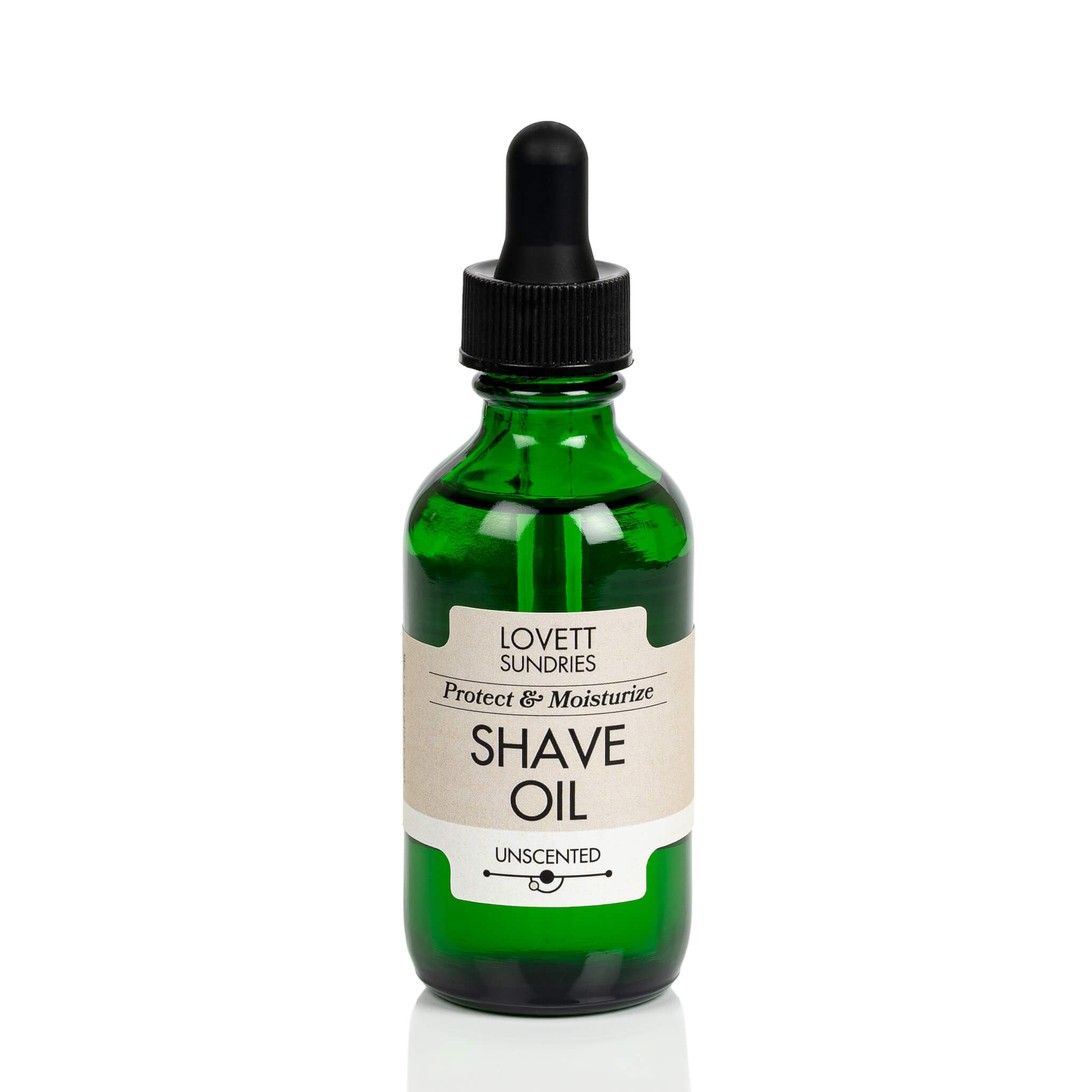 All natural moisturizing and protective unscented shave oil in a green glass bottle with a dropper.