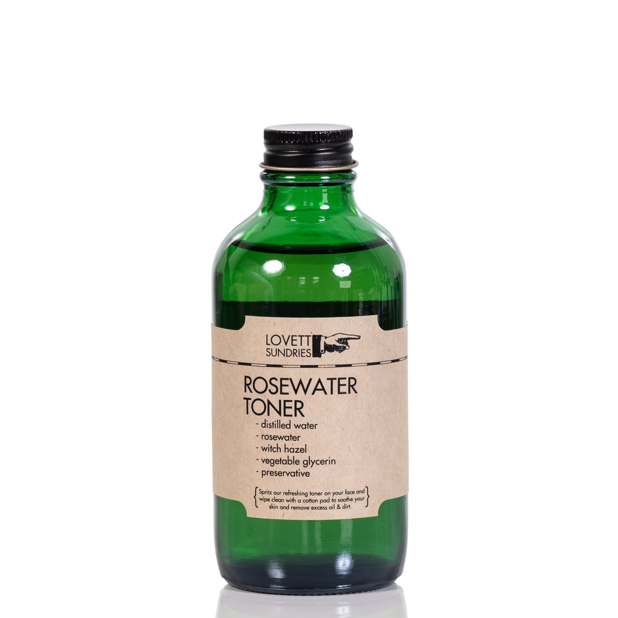 Refill option in glass bottle with kraft paper label and aluminum screw cap.