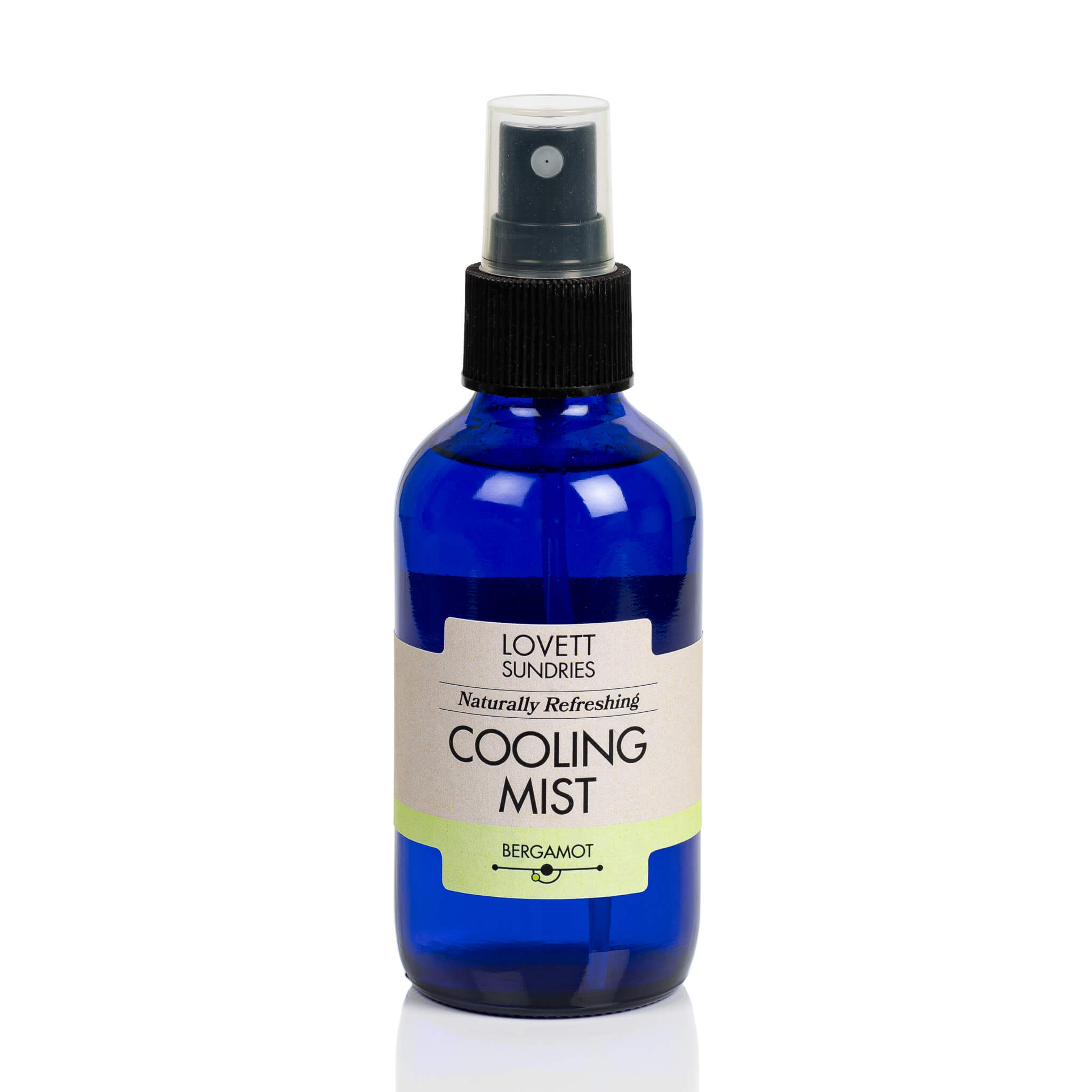 All natural refreshing bergamot scented cooling mist in a blue glass bottle with a sprayer. 