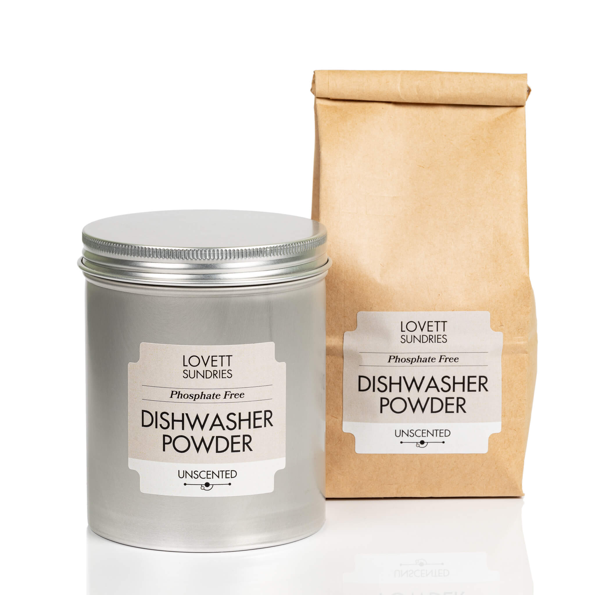 All natural phosphate free dishwasher powder in a recyclable aluminum tin and kraft paper refill bag. 