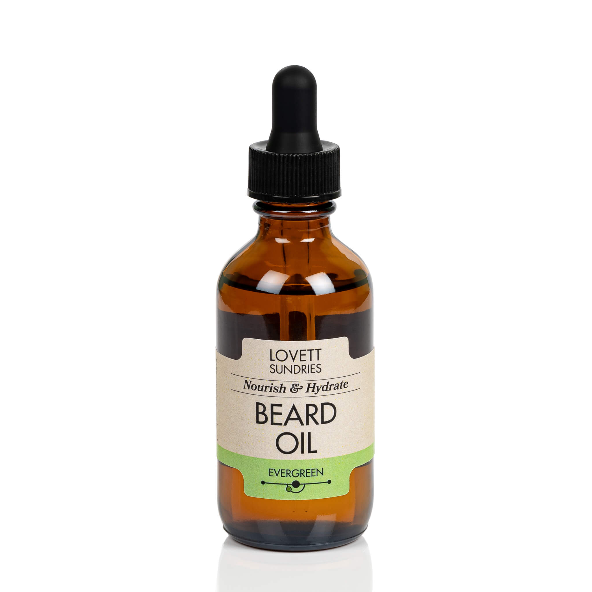 All natural hydrating evergreen scented beard oil in a brown glass bottle with a dropper. 