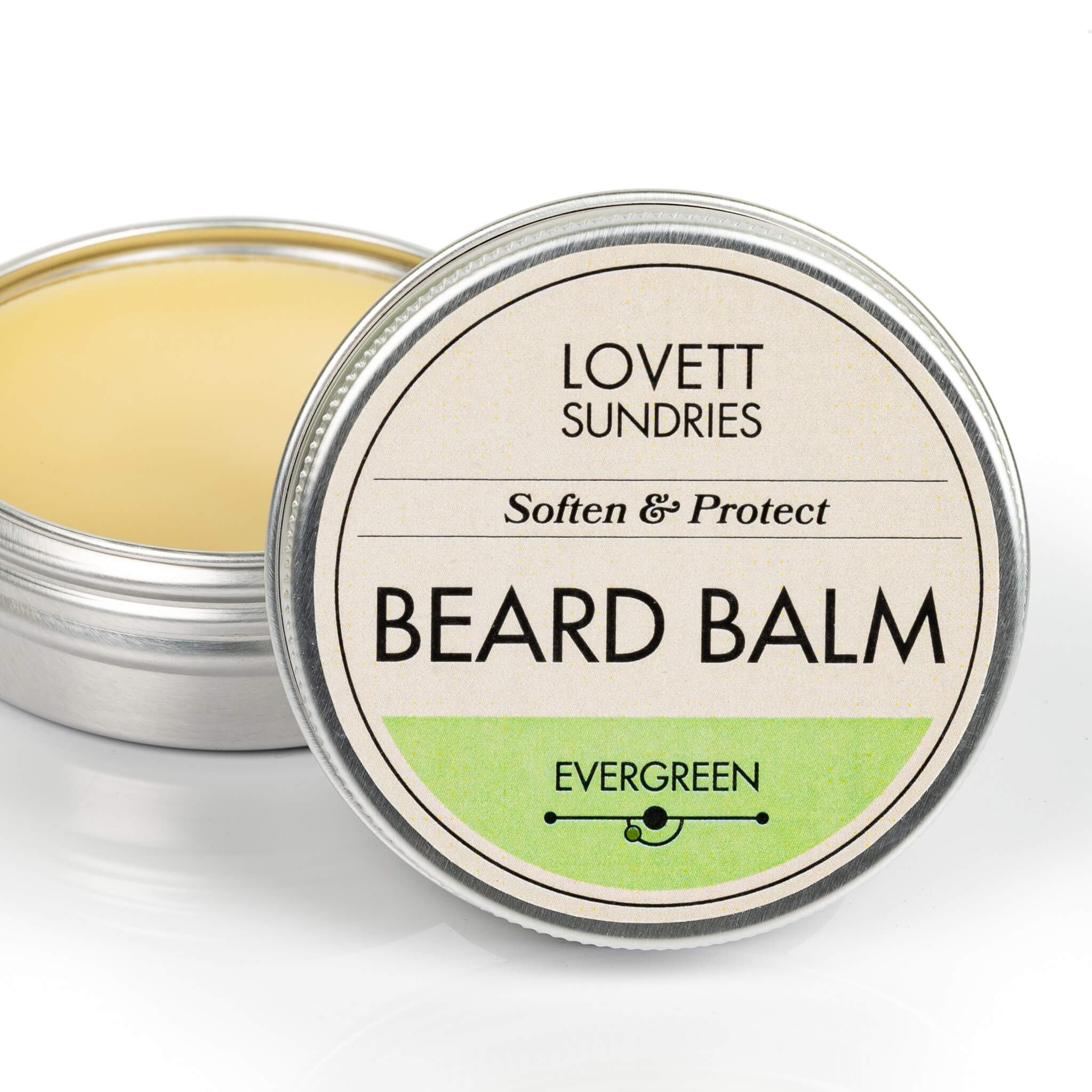 Tin of all natural conditioning and styling evergreen scented beard balm.