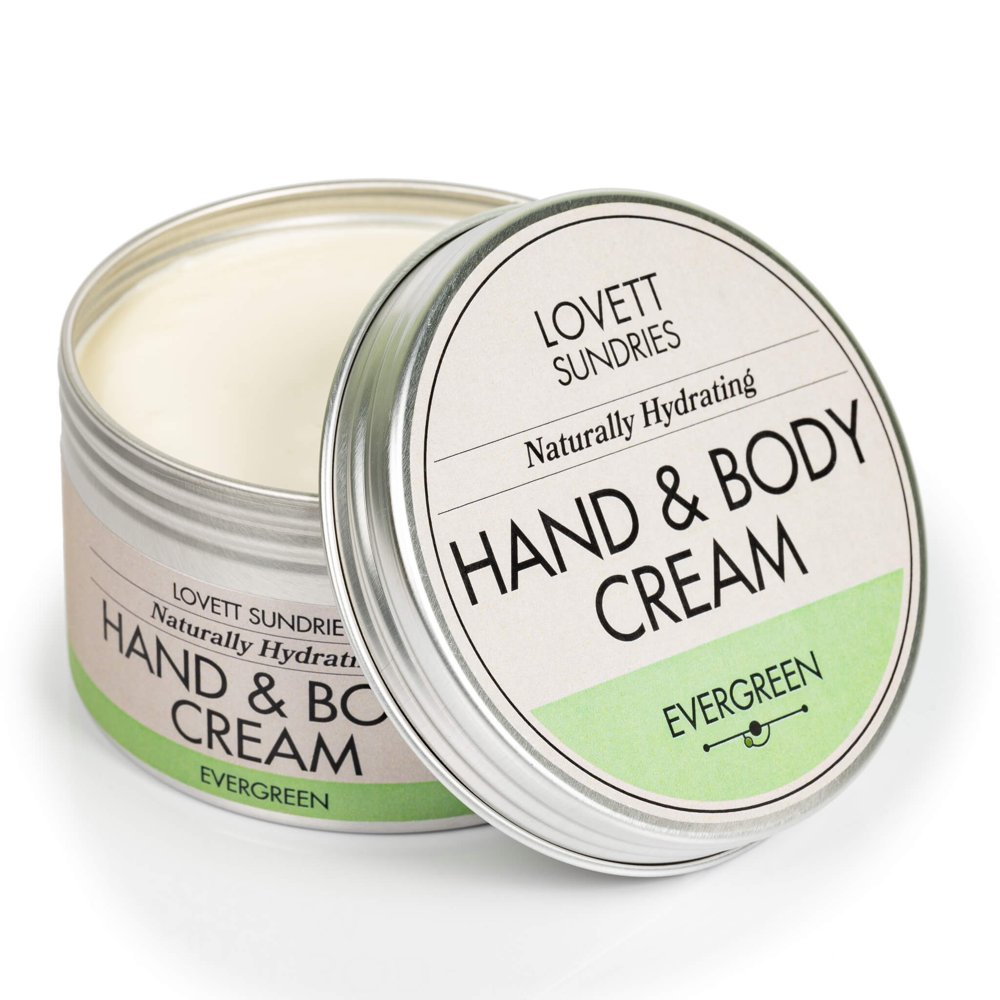 Open tin of creamy all natural hydrating evergreen scented hand and body cream. 