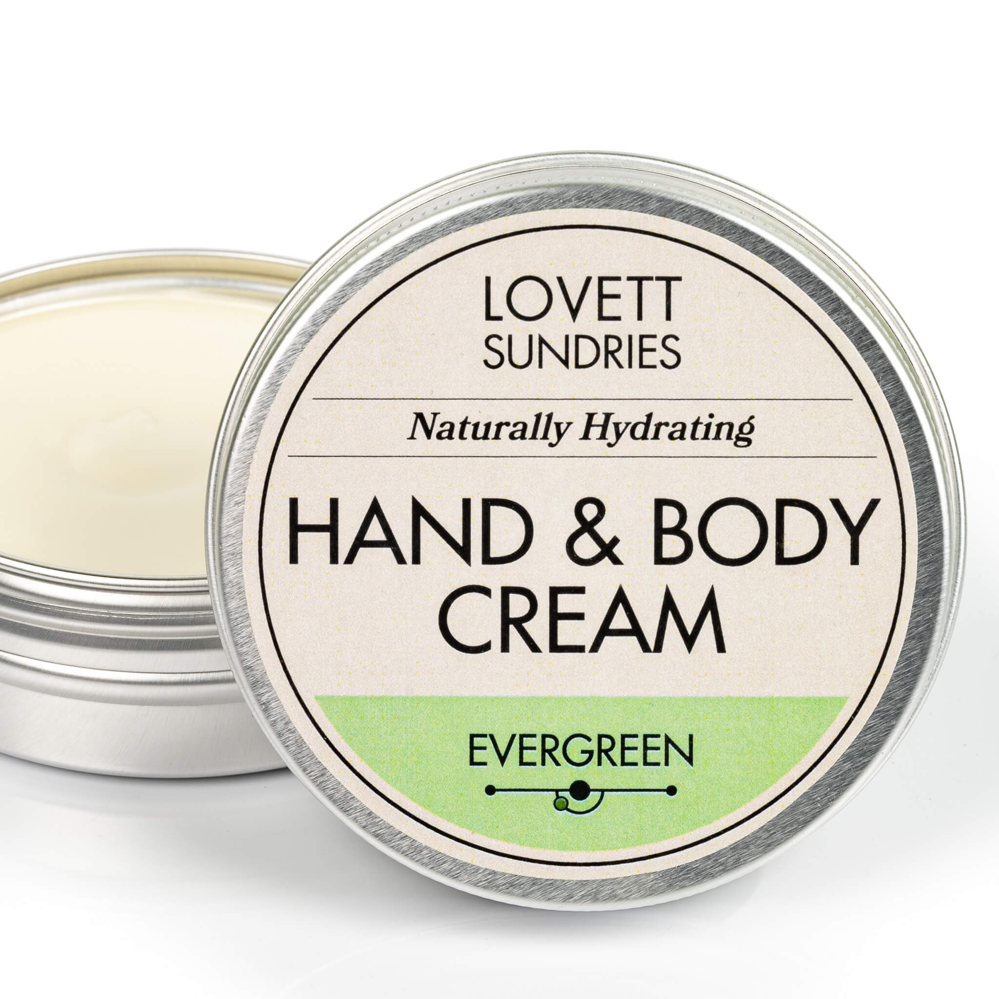 Open tin of creamy all natural hydrating evergreen scented travel sizehand and body cream. 