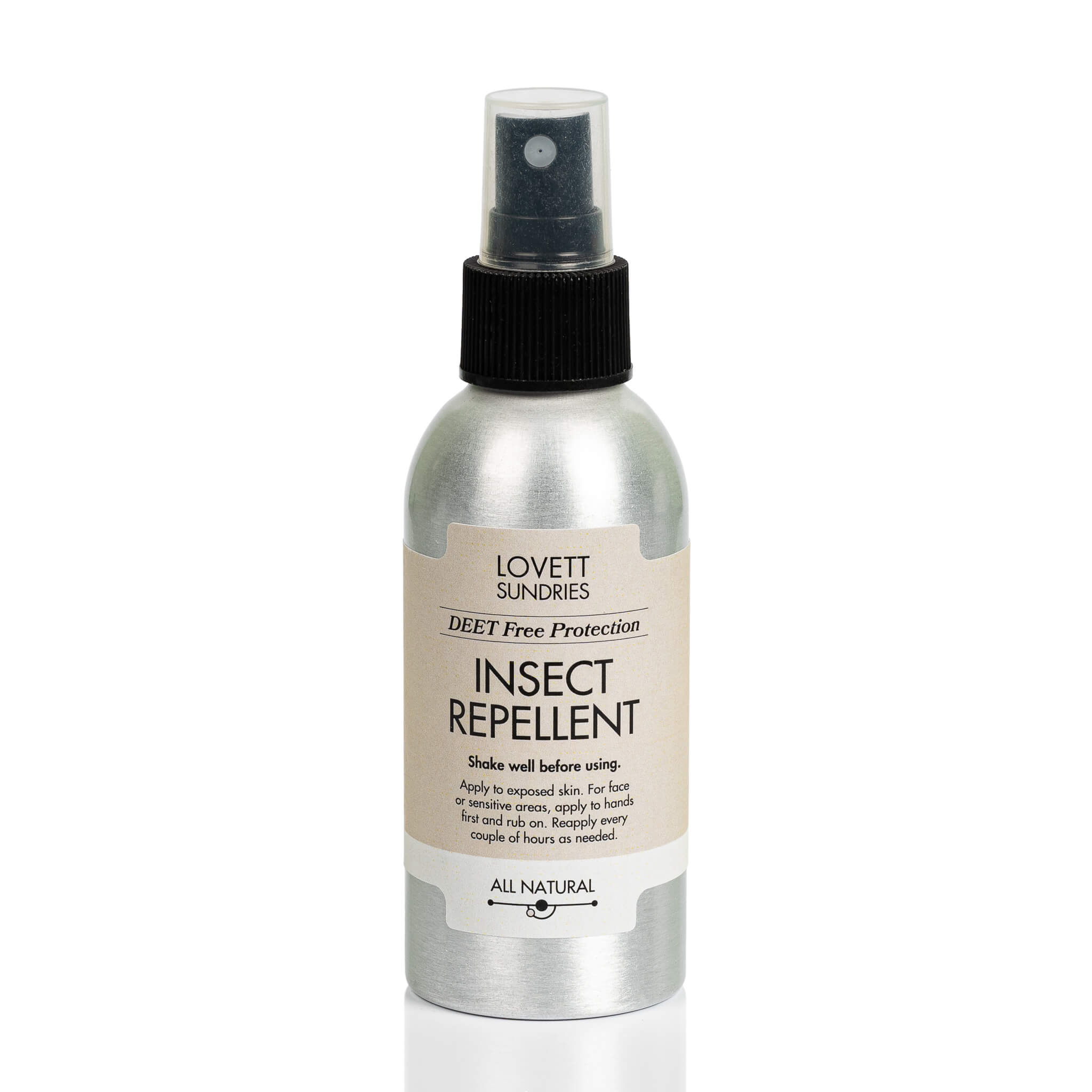 All natural deet free insect repellent in a recyclable aluminum bottle with a spray cap. 