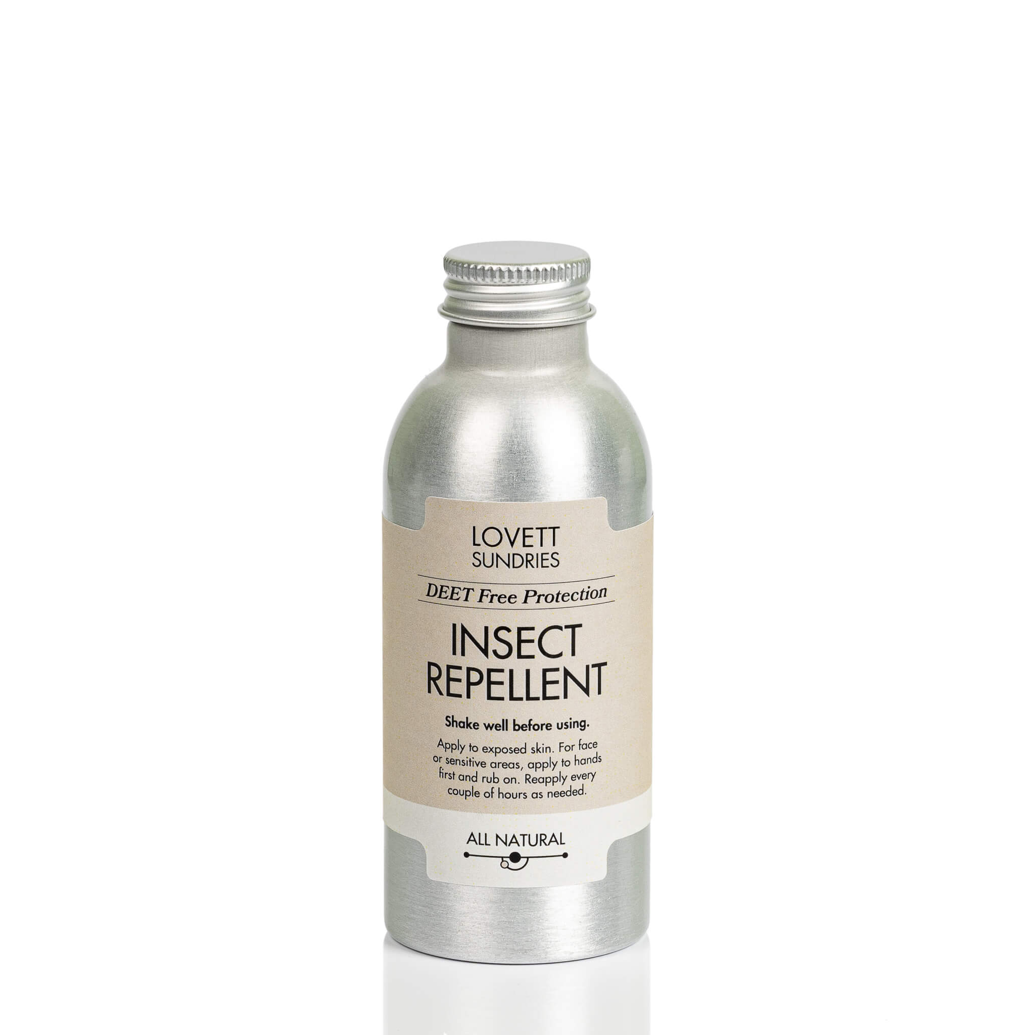 All natural deet free insect repellent in a recyclable aluminum bottle with a refill cap. 