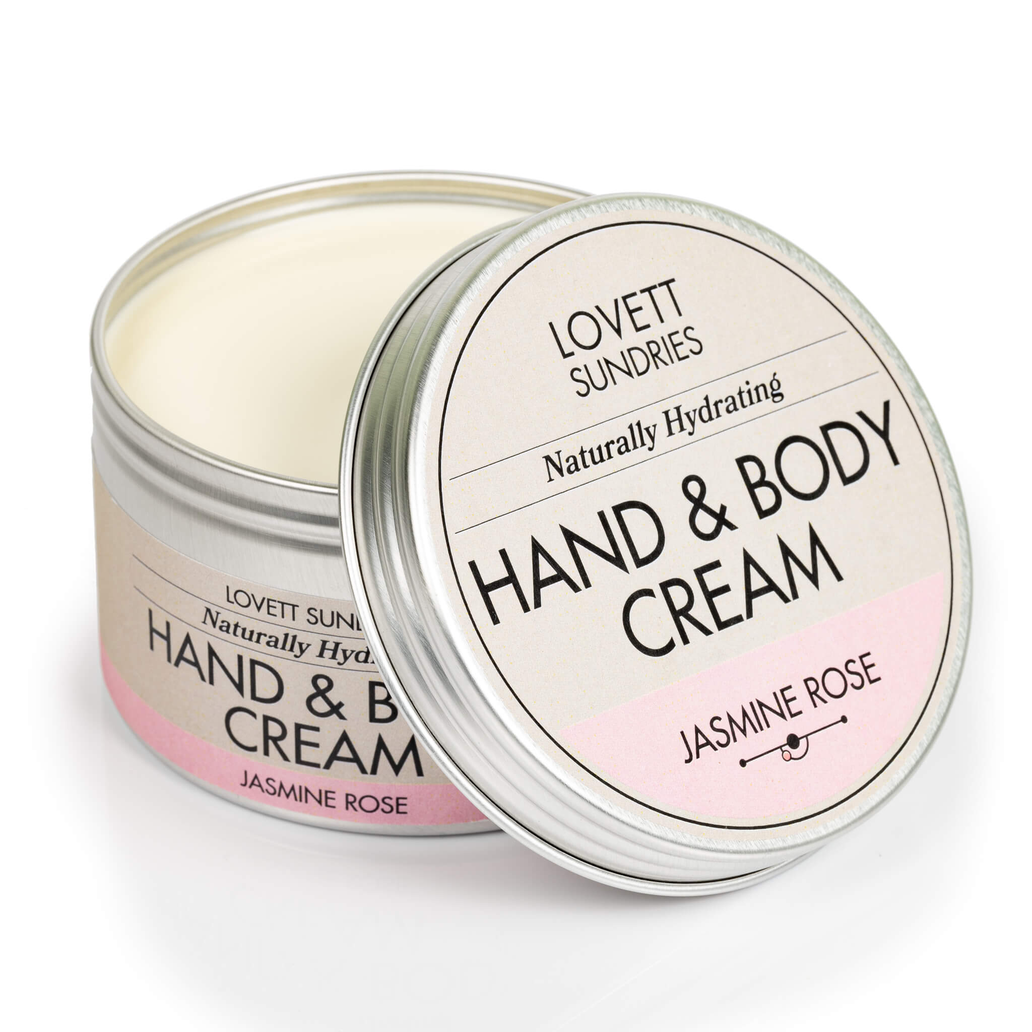Open tin of creamy all natural hydrating jasmine rose scented hand and body cream. 