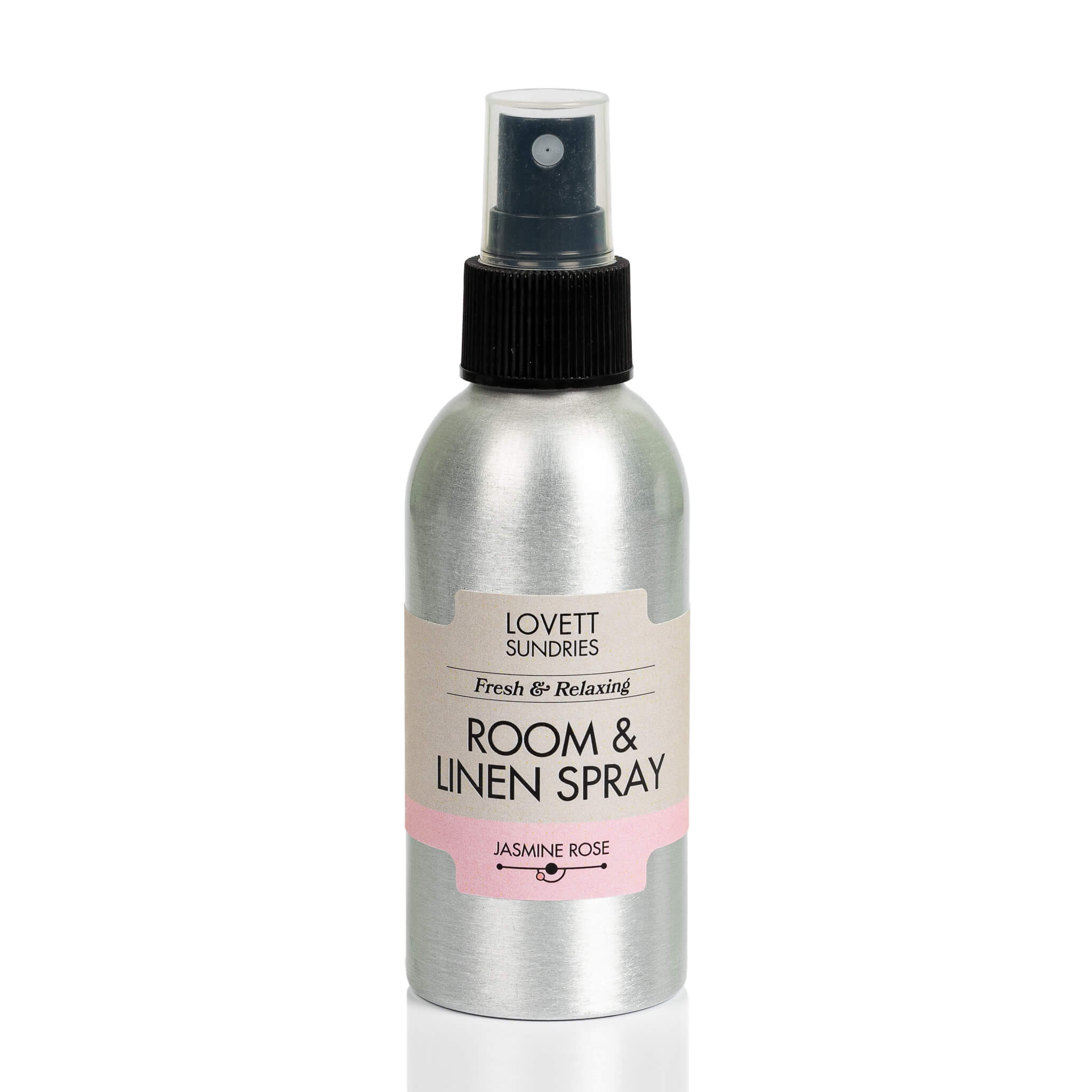All natrual essential oil based jasmine rose scented room & linen spray in a recyclable aluminum bottle with a spray top. 