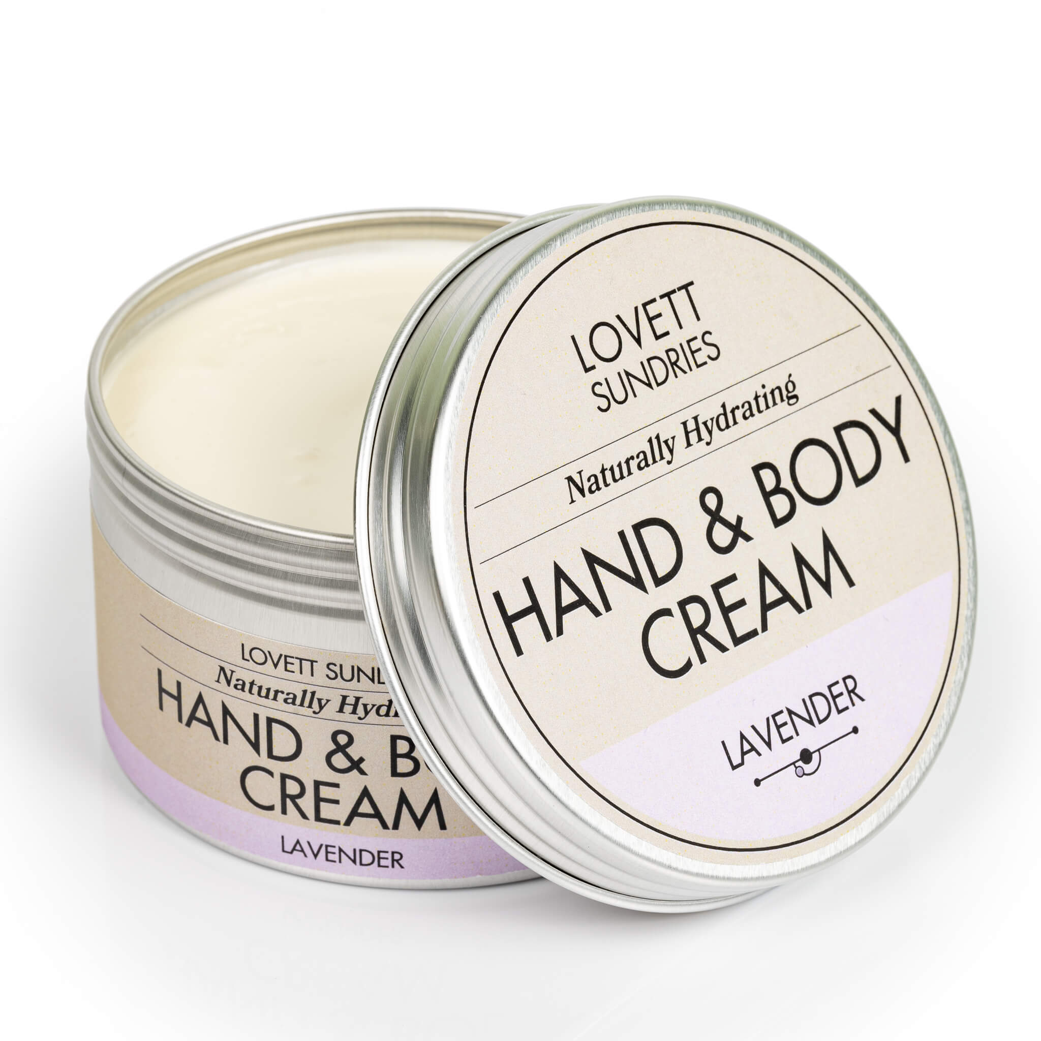 Open tin of creamy all natural hydrating lavender scented hand and body cream. 