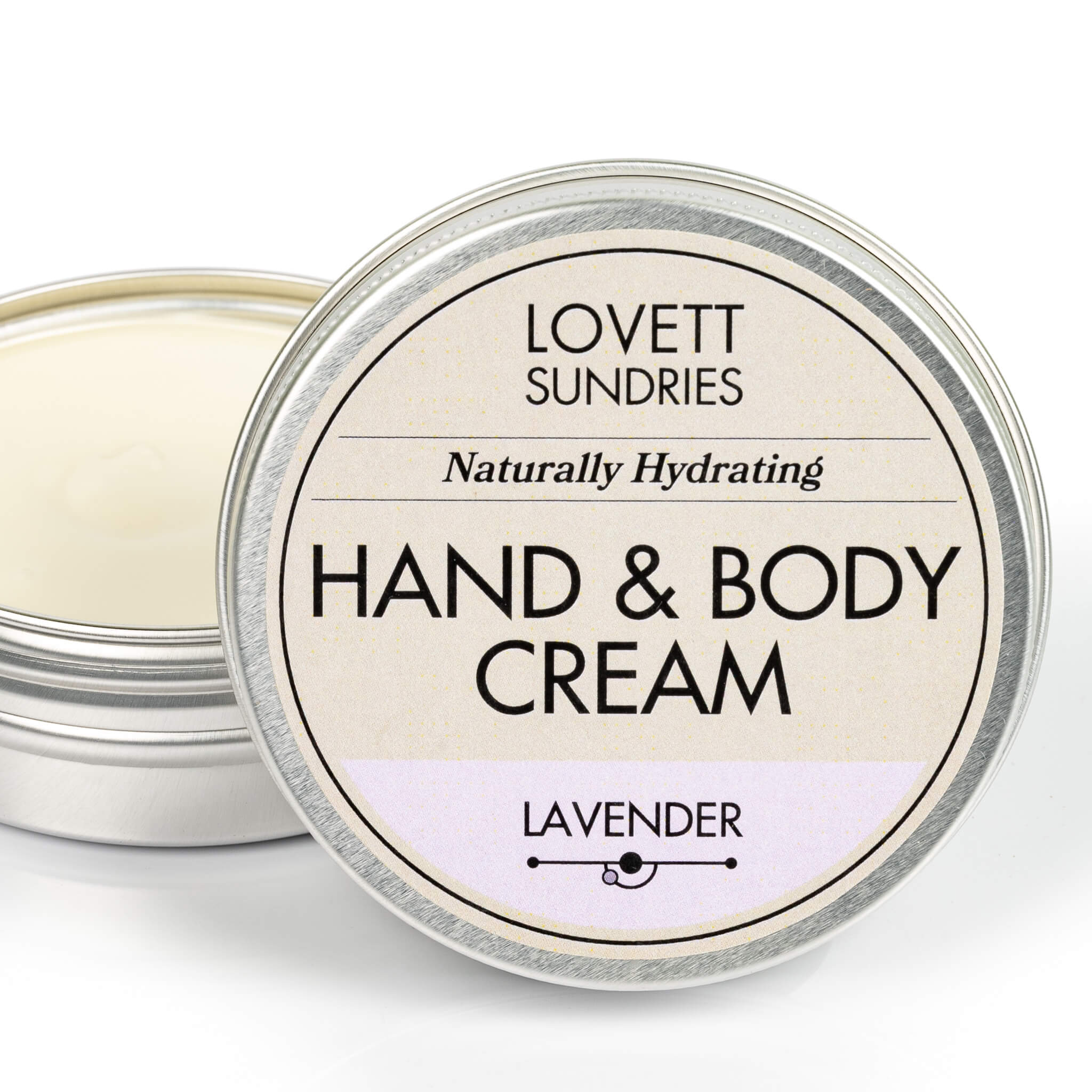 Open tin of creamy all natural hydrating lavender scented travel size hand and body cream. 