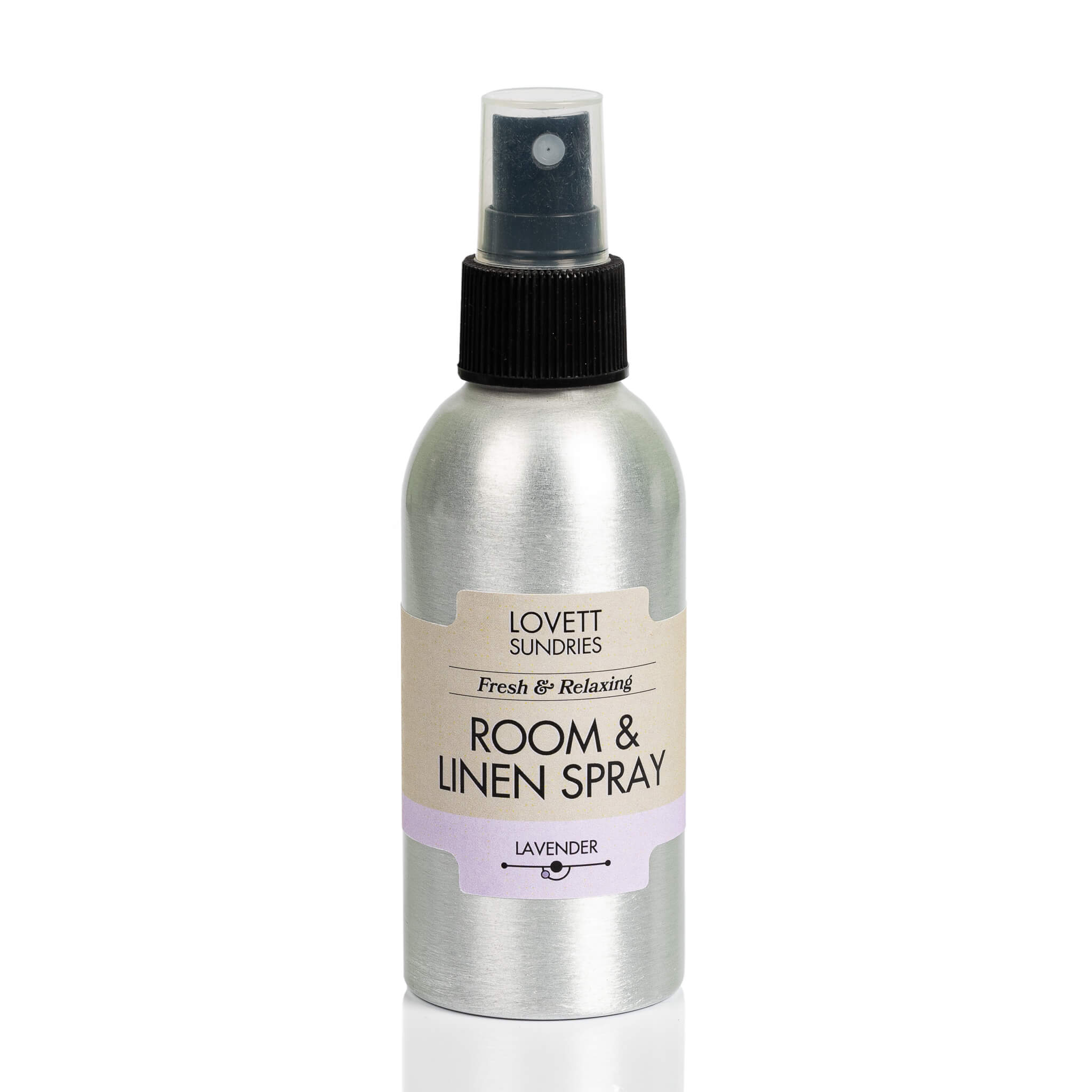 All natrual essential oil based lavender scented room & linen spray in a recyclable aluminum bottle with a spray top. 