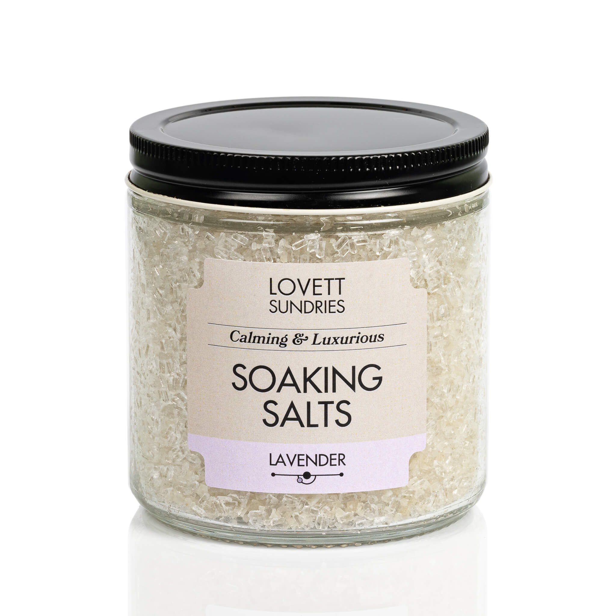 Lavender scented all natural calming and luxurious bath soaking salts in a recyclable glass jar. 