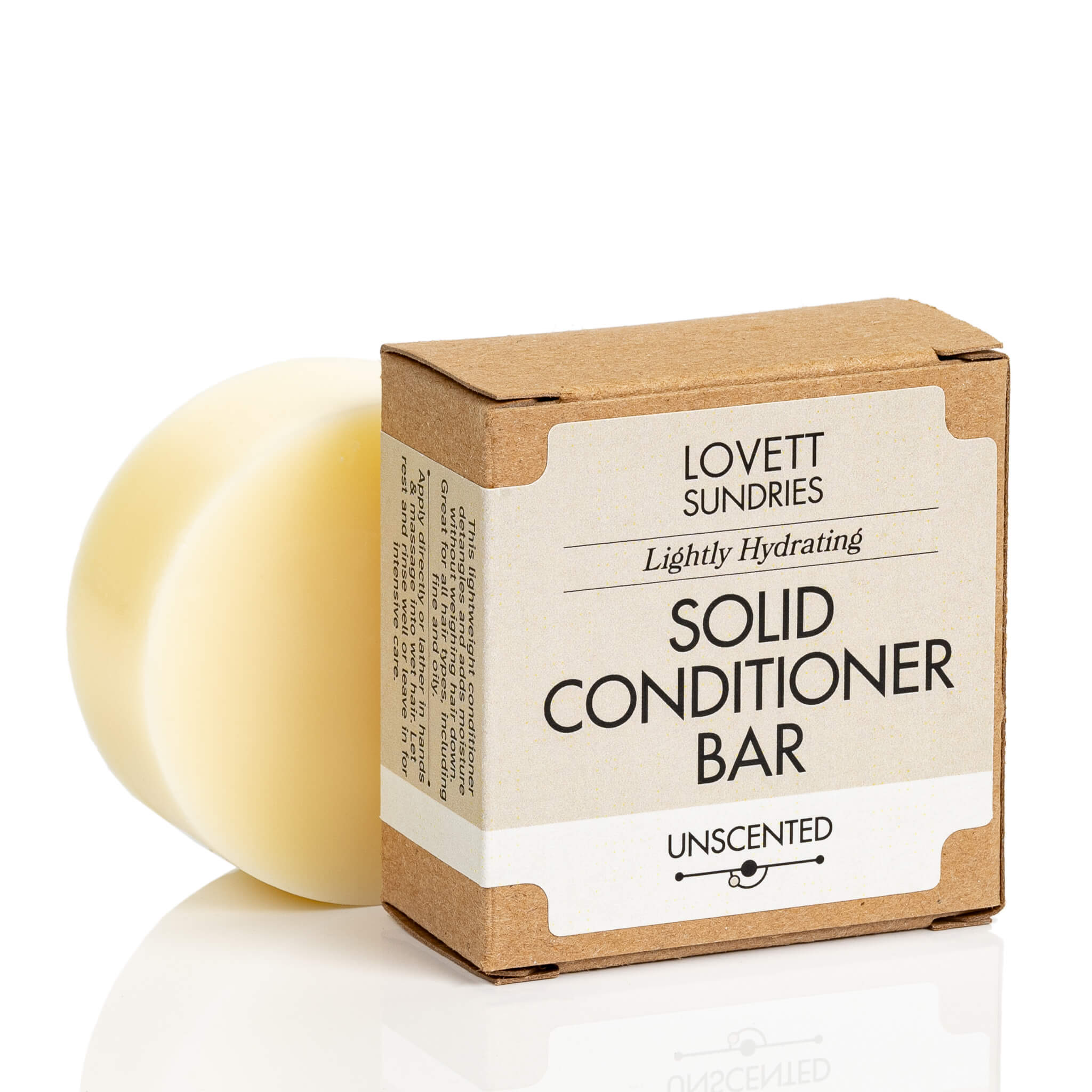 Unscented all natural lightly hydrating solid conditioner bar in a recyclable paper box. 