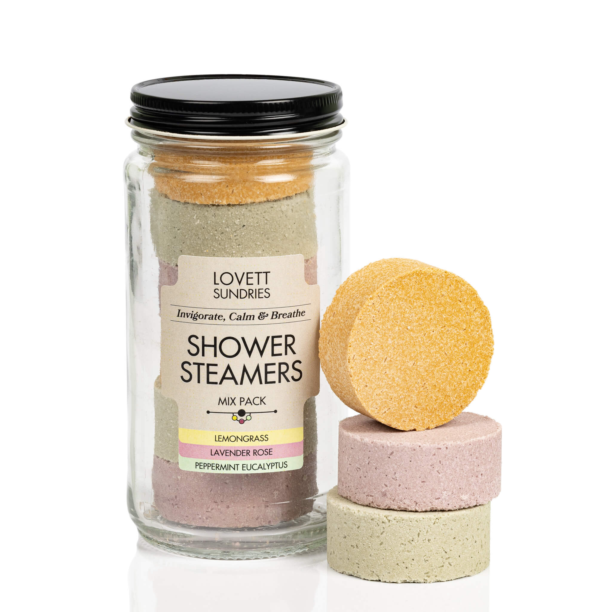 Recyclable glass jar filled with a mix of 6 all natural shower steamers.