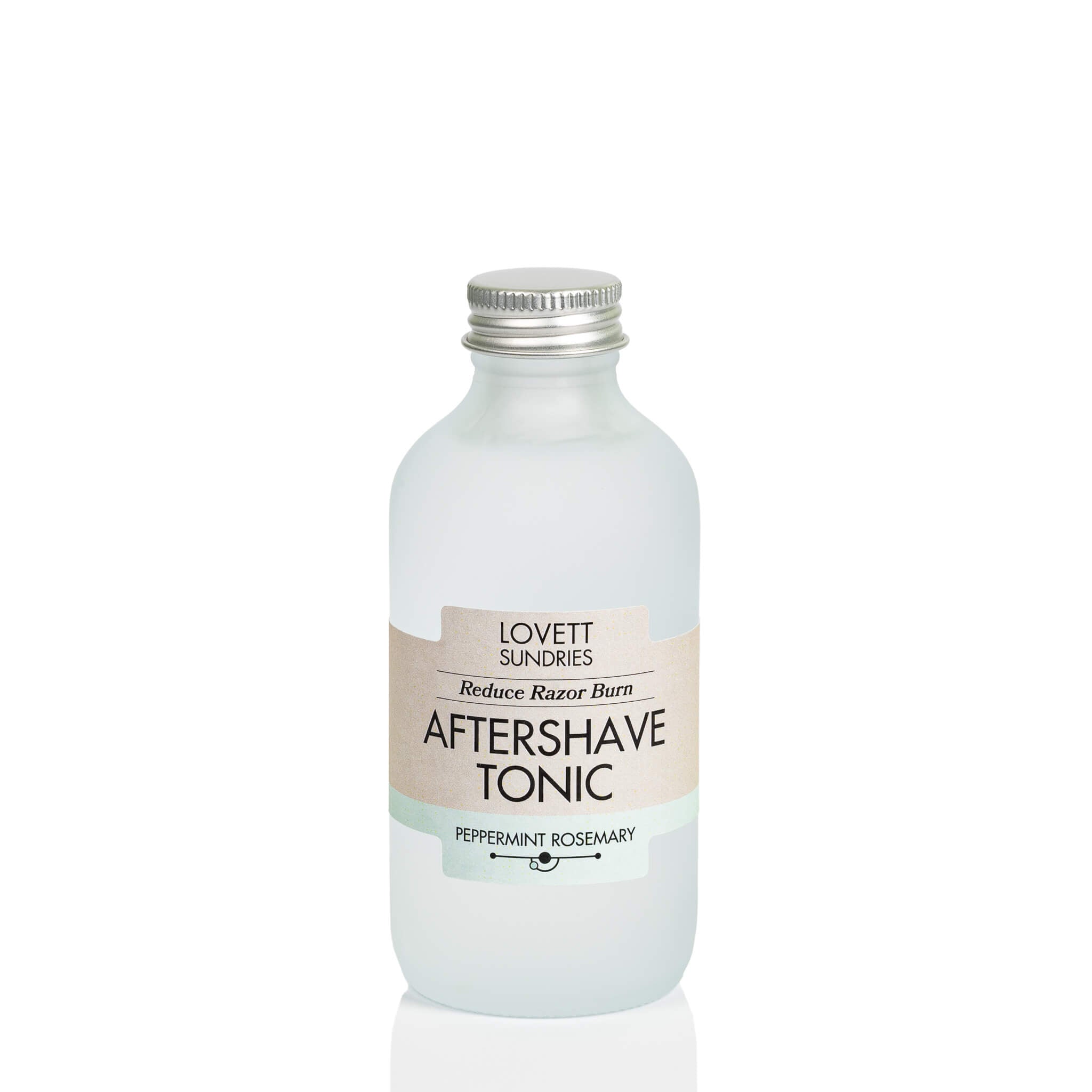 All natural peppermint rosemary scented aftershave tonic in a frosted glass bottle.