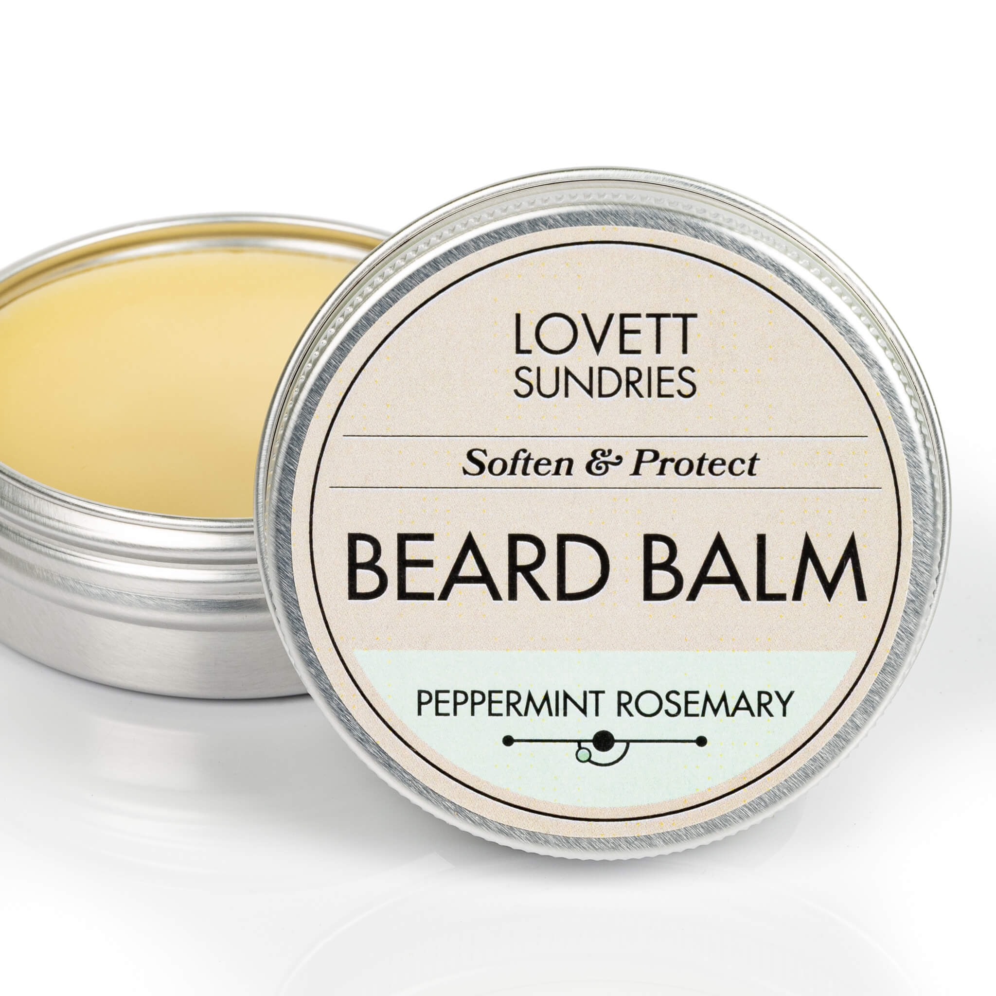 Tin of all natural conditioning and styling peppermint rosemary scented beard balm.
