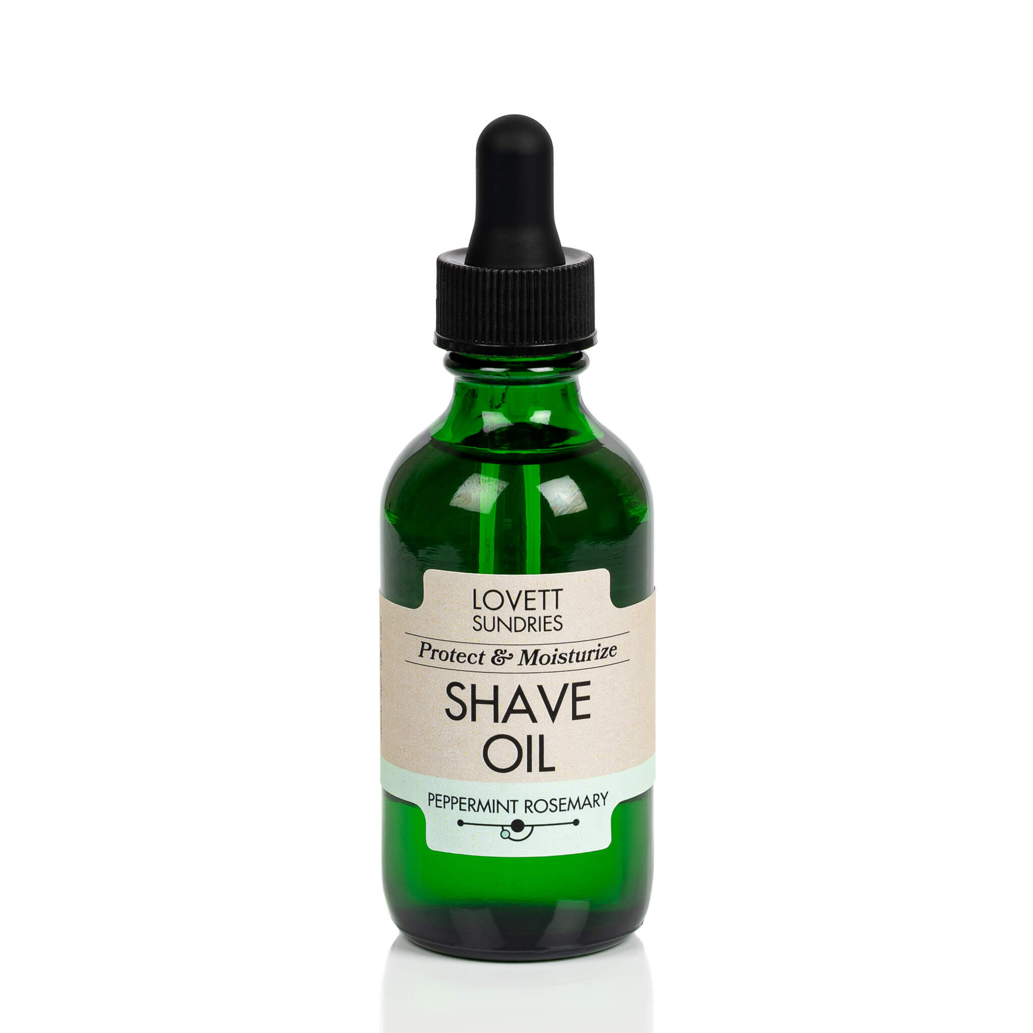 All natural moisturizing and protective peppermint rosemary scented shave oil in a green glass bottle with a dropper. 