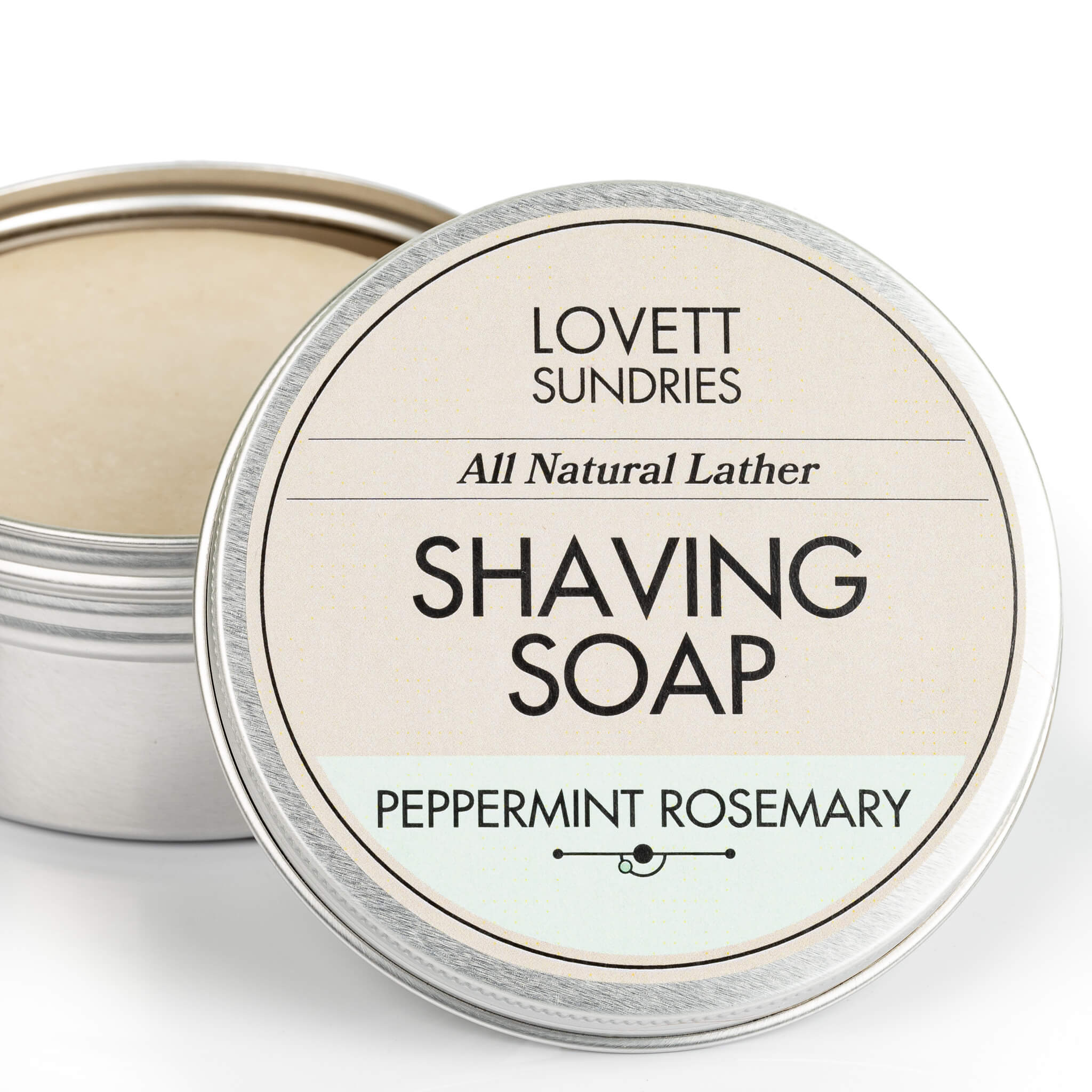 All natural good lathering peppermint rosemary shaving soapscented shaving soap in a recyclable aluminum tin.